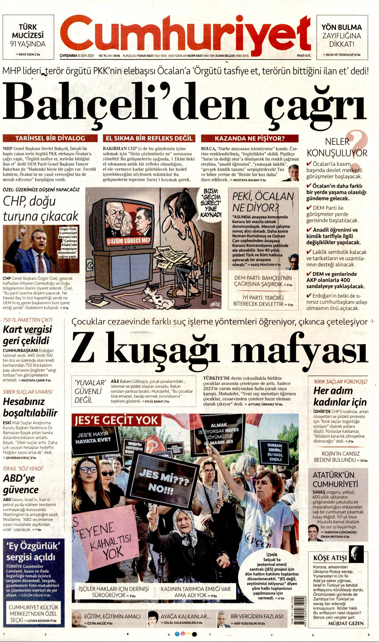 CUMHURİYET gazetesinin 16 Ekim 2024 tarihli birinci sayfası