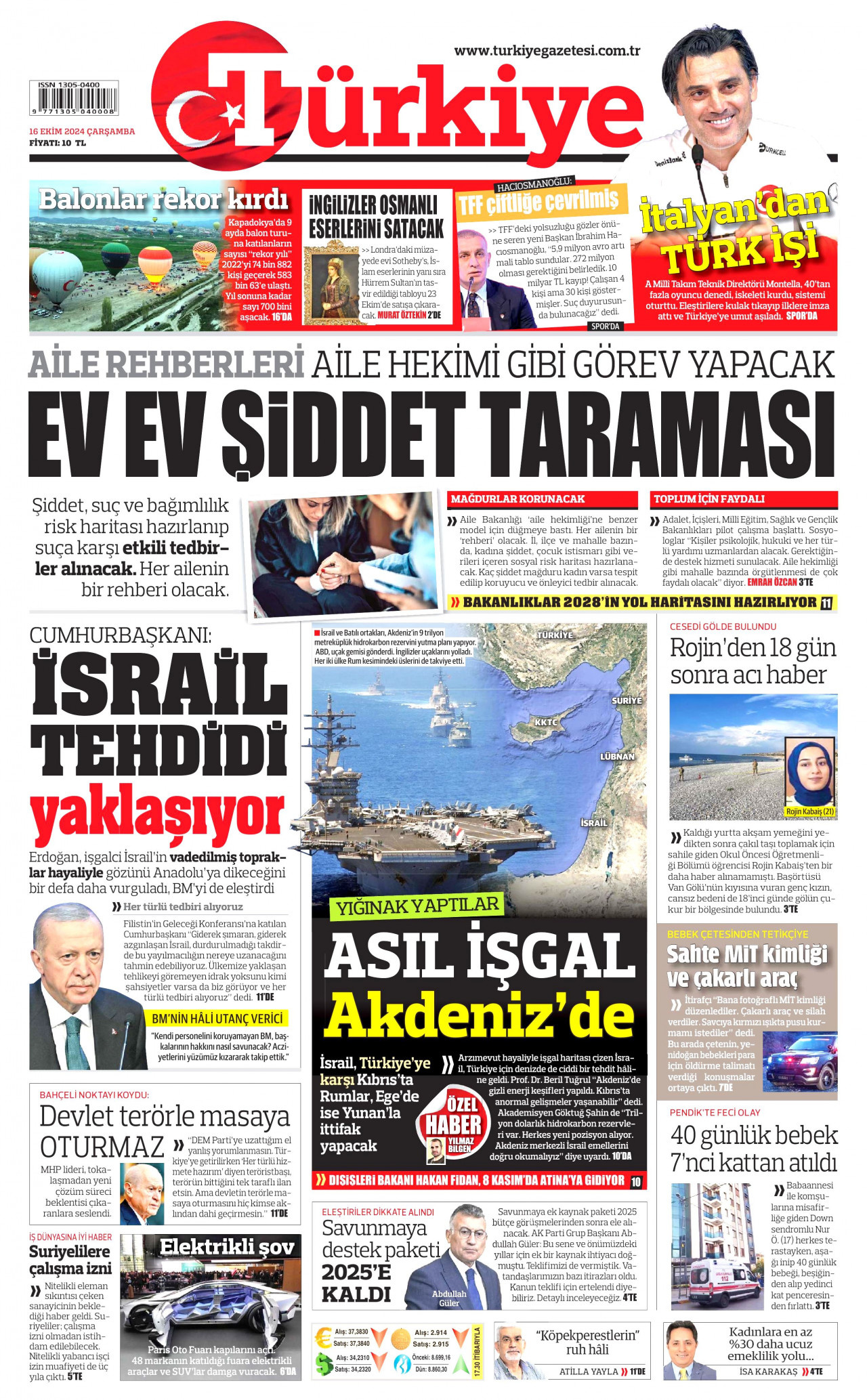 TÜRKİYE GAZETESİ gazetesinin 16 Ekim 2024 tarihli birinci sayfası