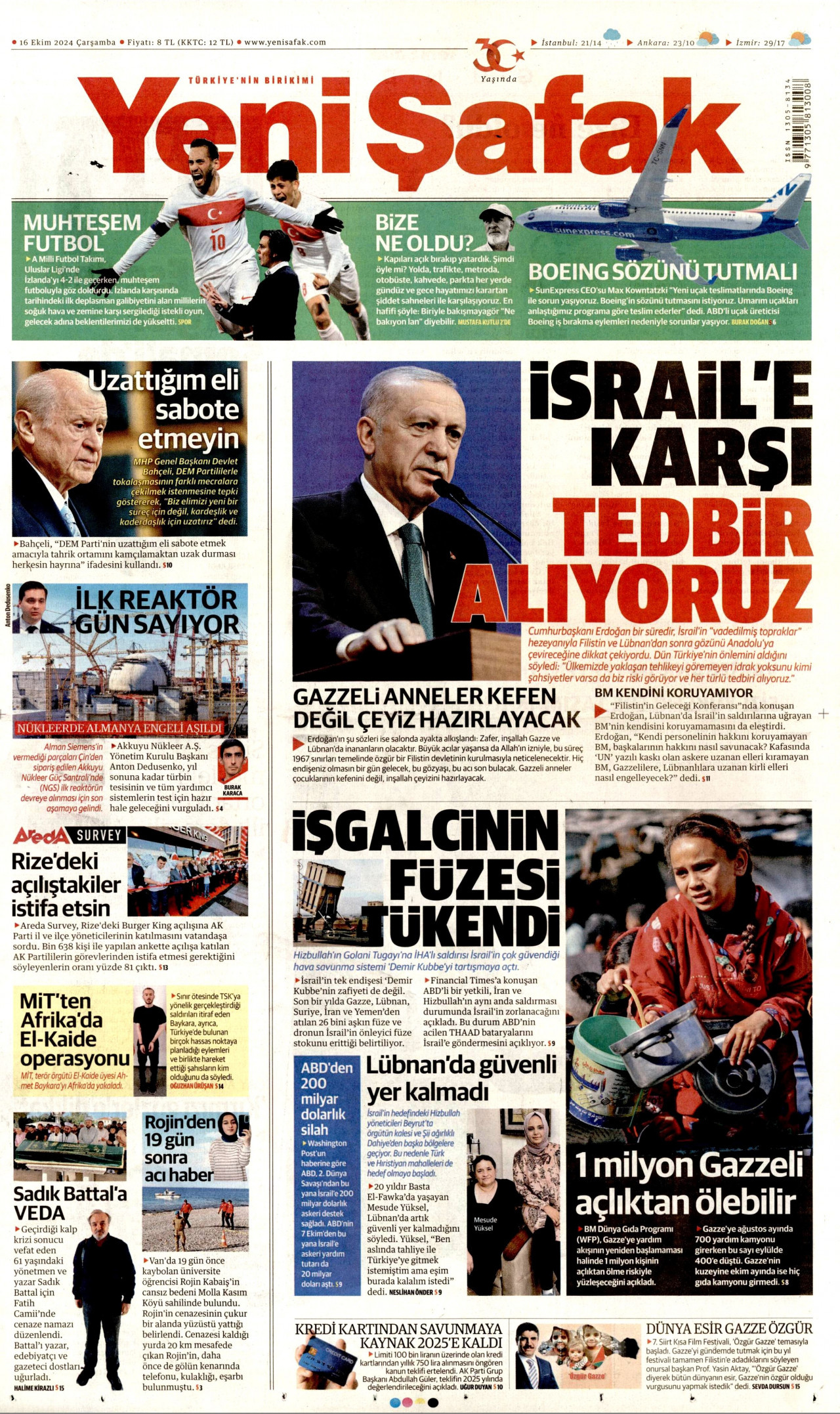 YENİ ŞAFAK gazetesinin 16 Ekim 2024 tarihli birinci sayfası