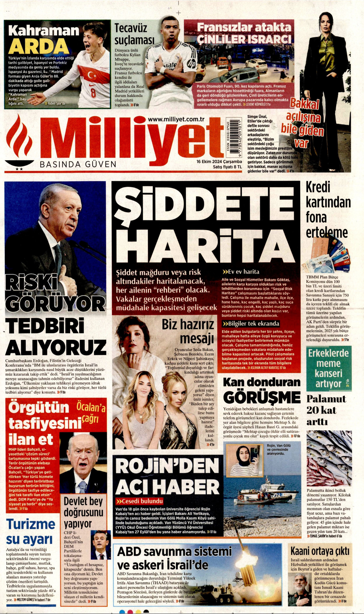 MİLLİYET gazetesinin 16 Ekim 2024 tarihli birinci sayfası