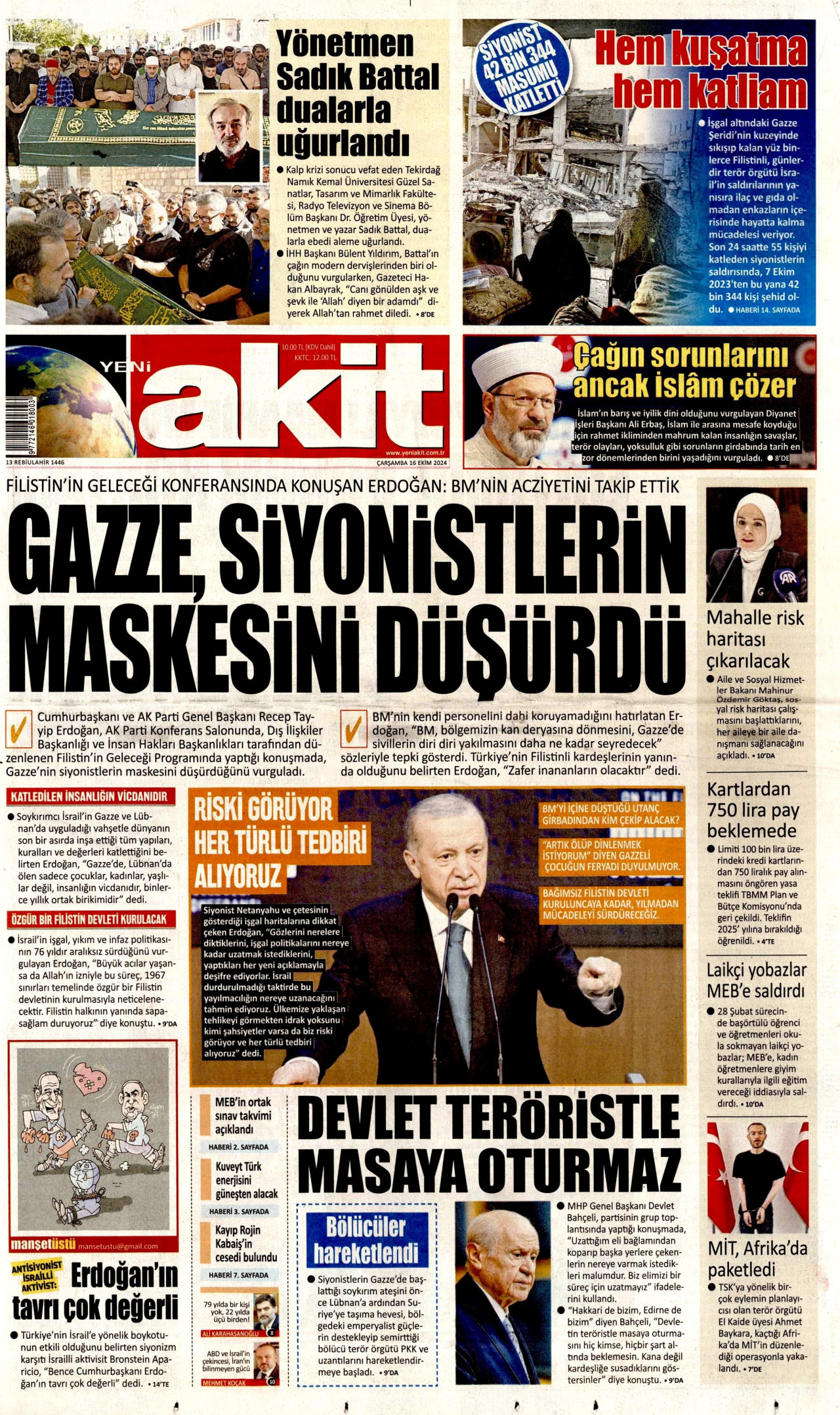 YENİ AKİT gazetesinin 16 Ekim 2024 tarihli birinci sayfası