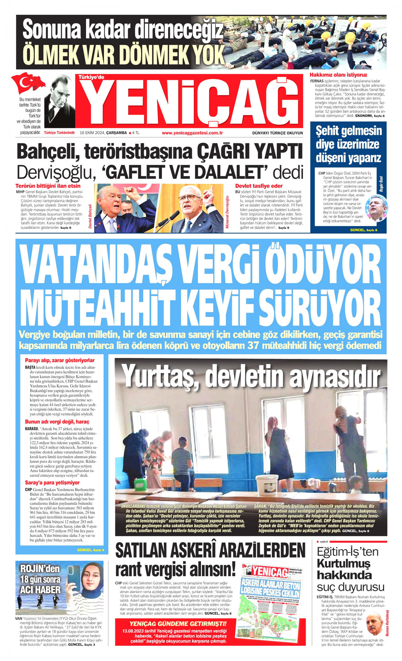 YENİÇAĞ gazetesinin 16 Ekim 2024 tarihli birinci sayfası
