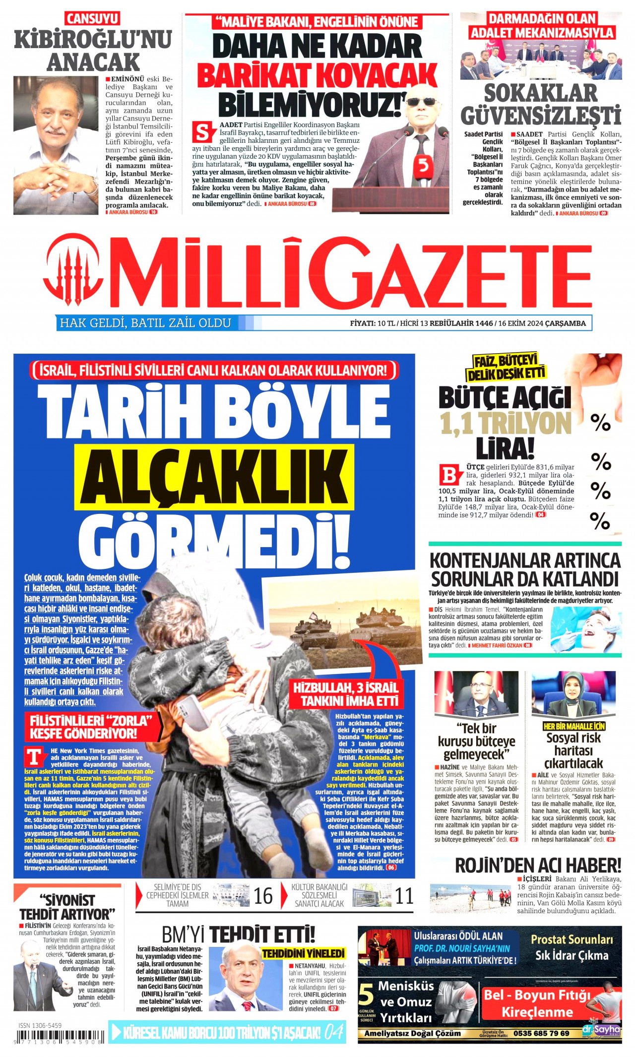 MİLLİ GAZETE gazetesinin 16 Ekim 2024 tarihli birinci sayfası