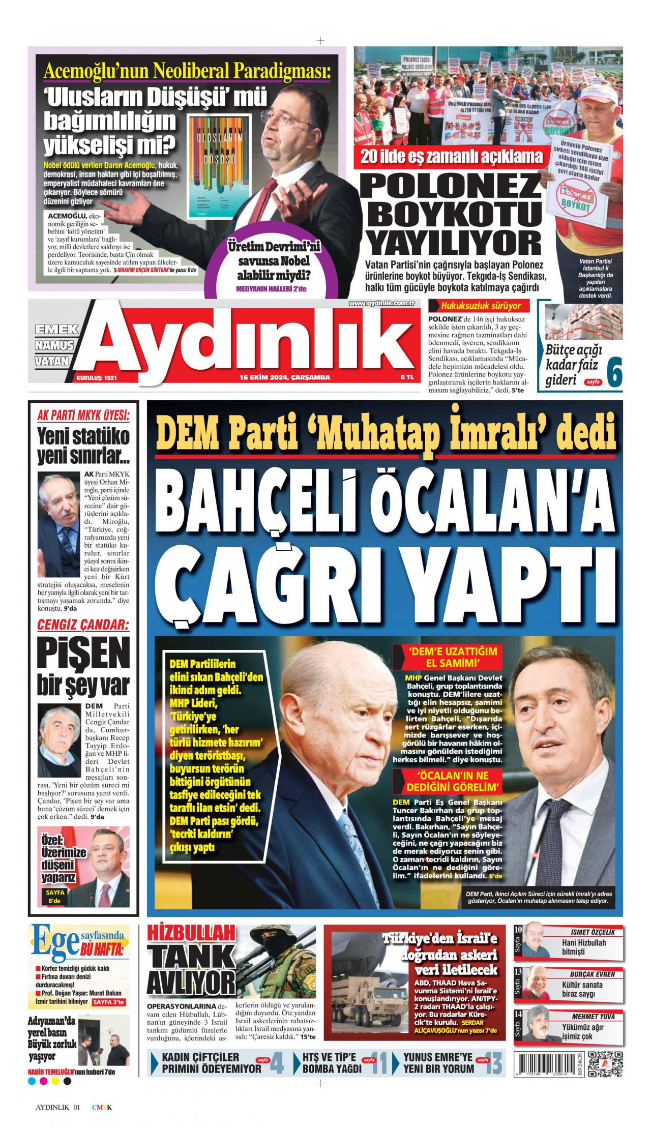 AYDINLIK GAZETESİ gazetesinin 16 Ekim 2024 tarihli birinci sayfası