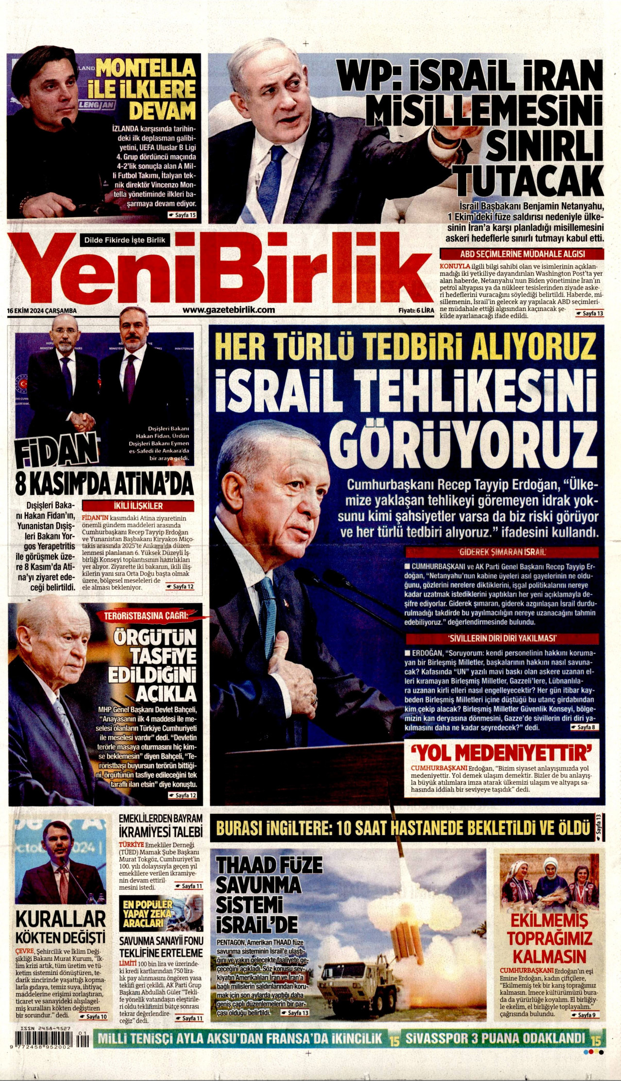 YENİBİRLİK gazetesinin 16 Ekim 2024 tarihli birinci sayfası