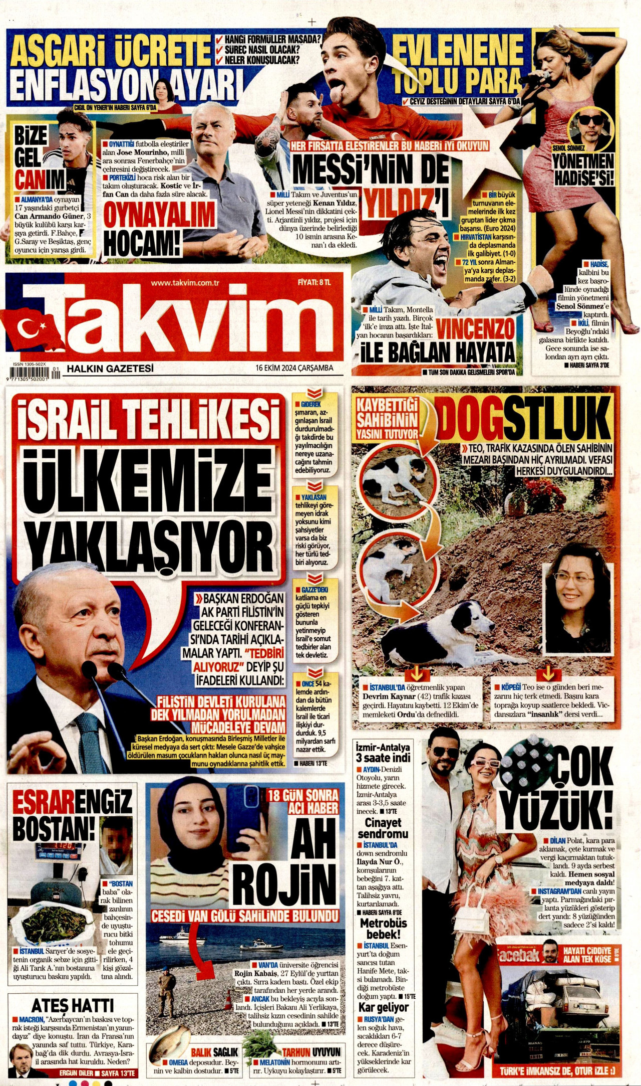 TAKVİM gazetesinin 16 Ekim 2024 tarihli birinci sayfası