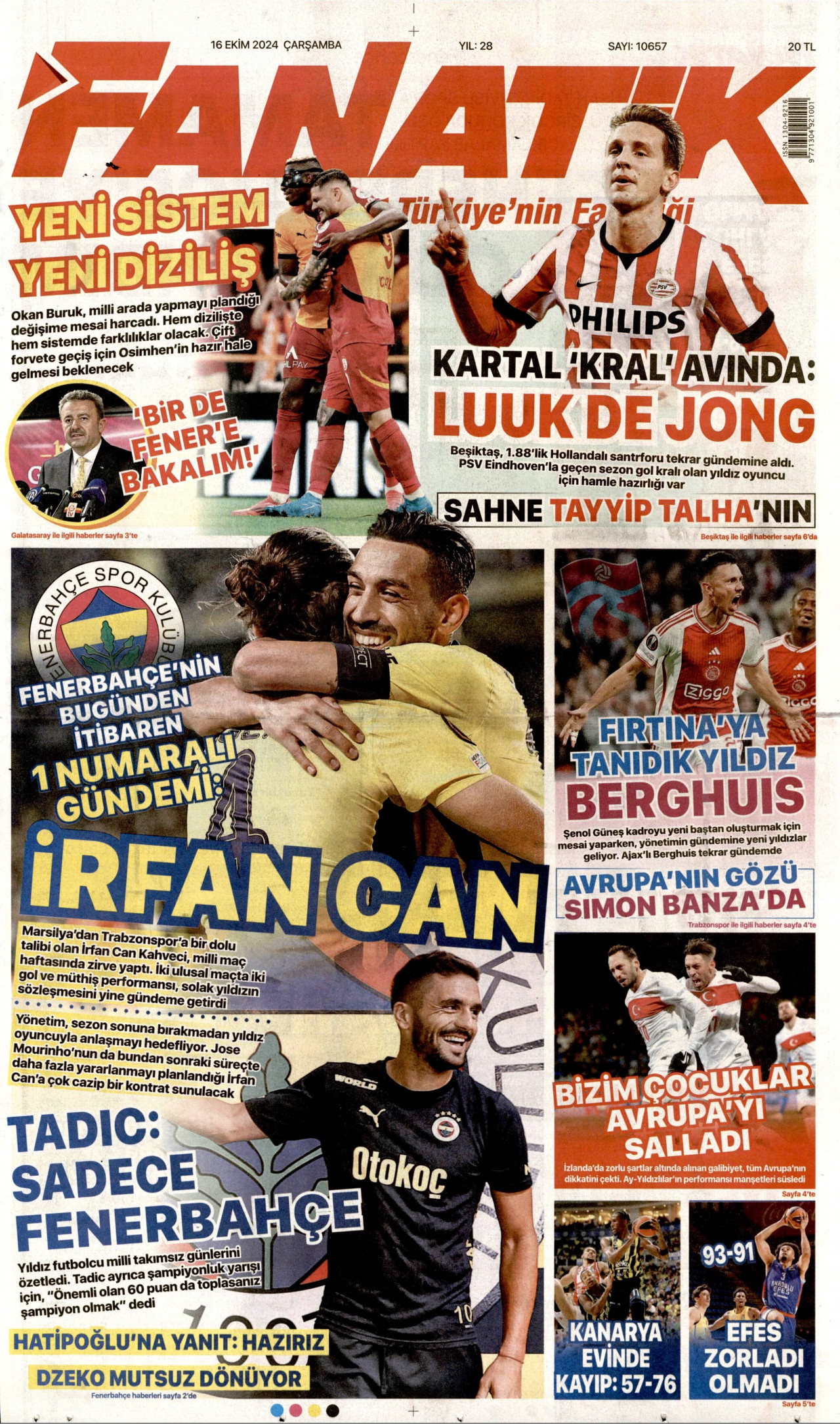 FANATİK gazetesinin 16 Ekim 2024 tarihli birinci sayfası