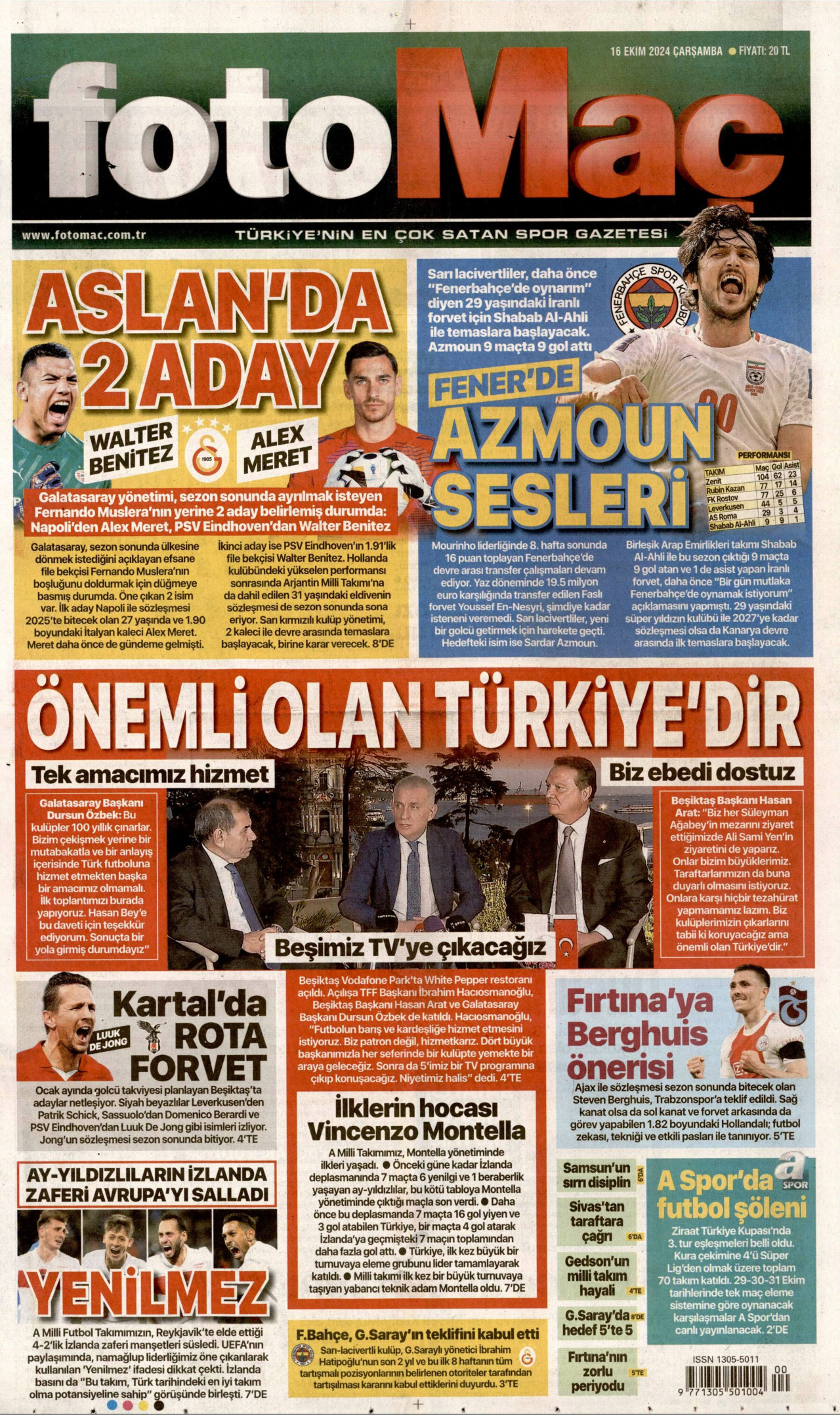 FOTOMAÇ gazetesinin 16 Ekim 2024 tarihli birinci sayfası