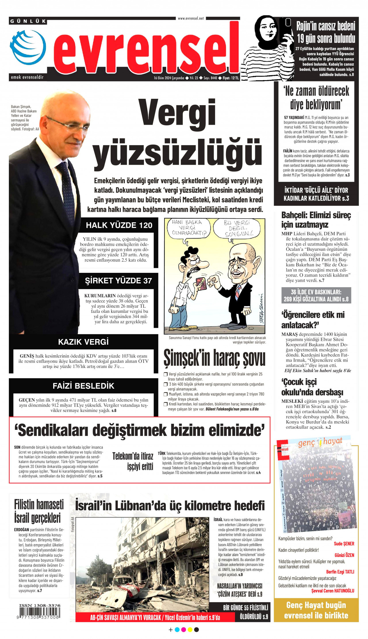 EVRENSEL gazetesinin 16 Ekim 2024 tarihli birinci sayfası