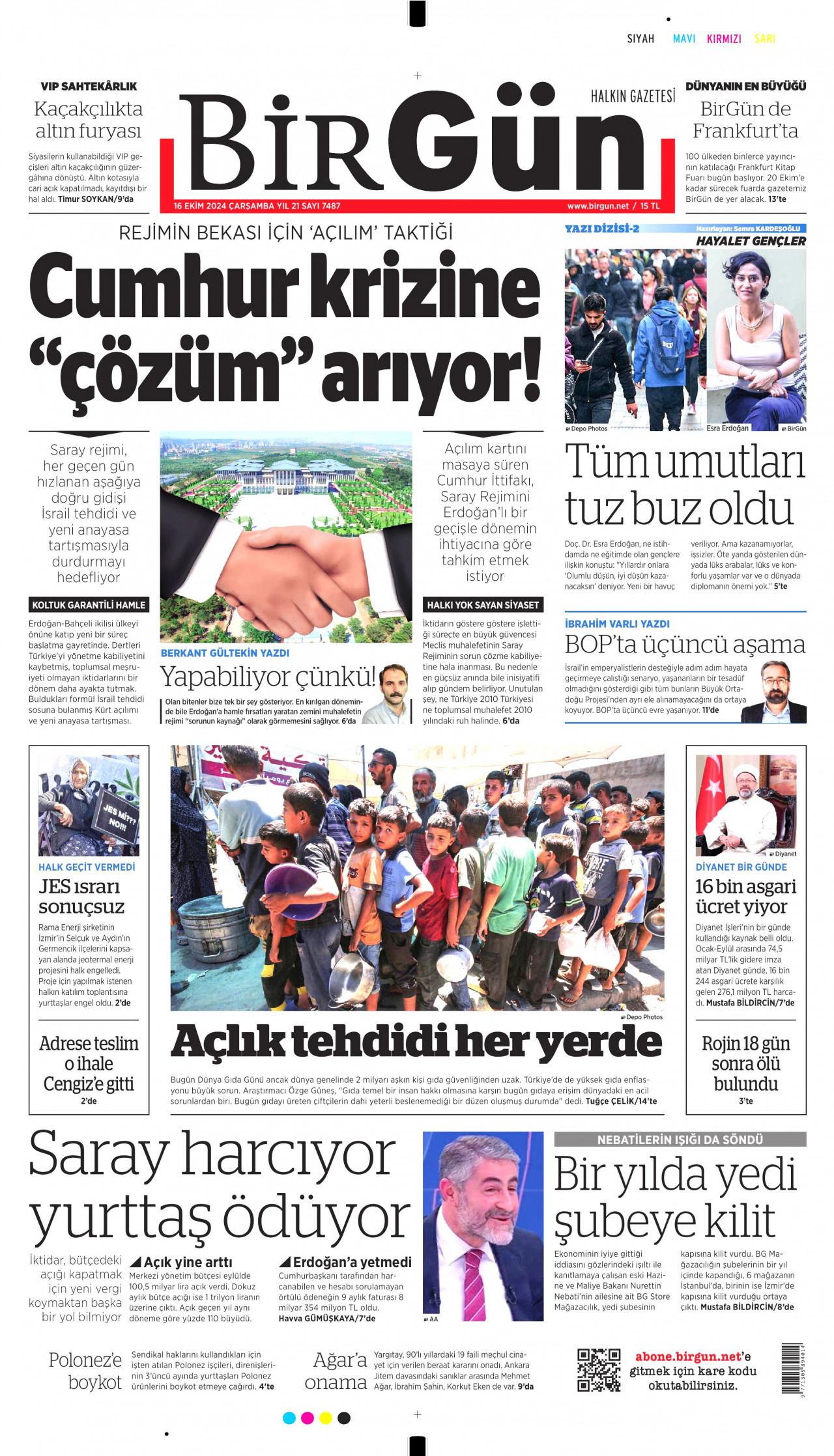 BİRGÜN gazetesinin 16 Ekim 2024 tarihli birinci sayfası