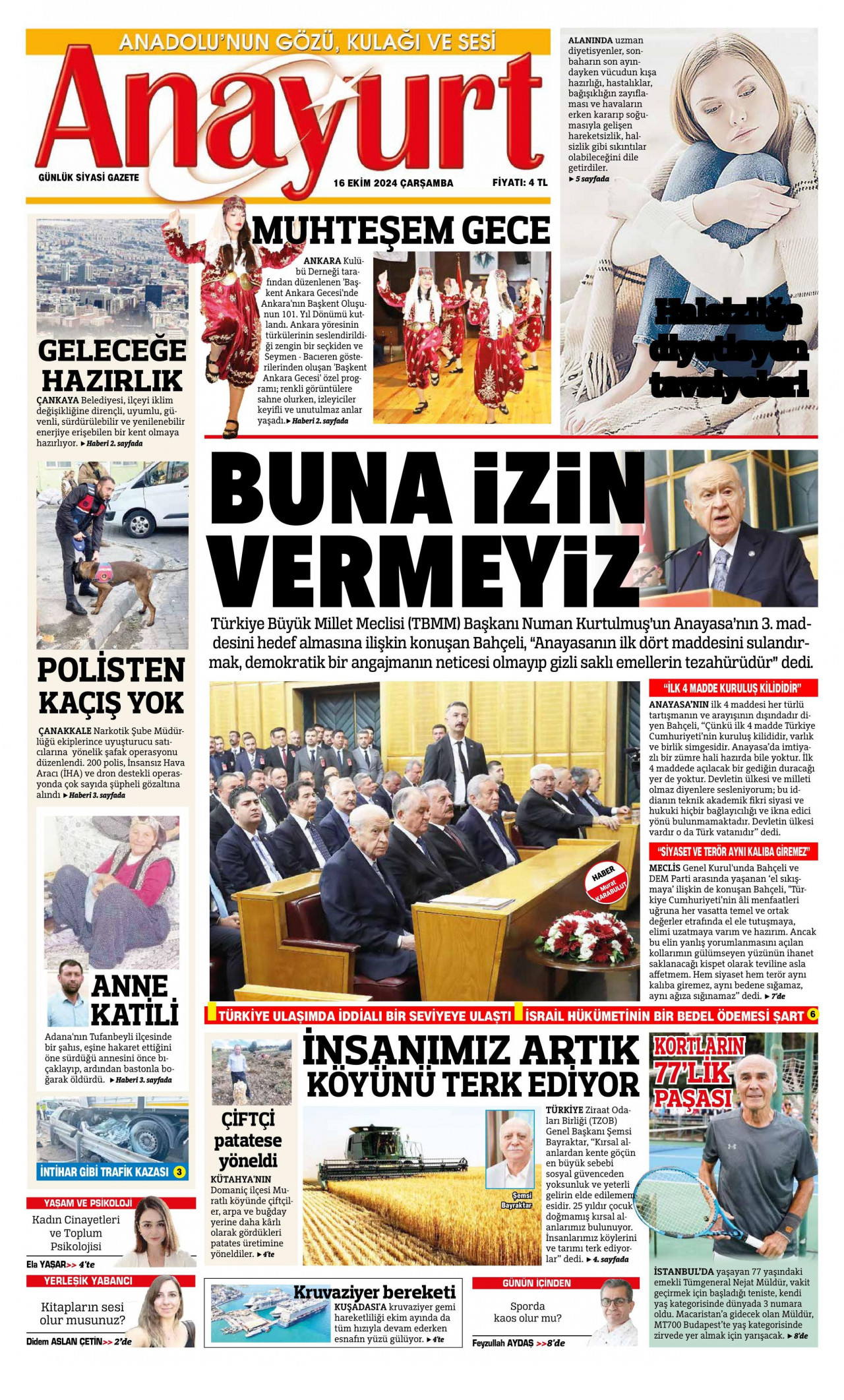 ANAYURT gazetesinin 16 Ekim 2024 tarihli birinci sayfası