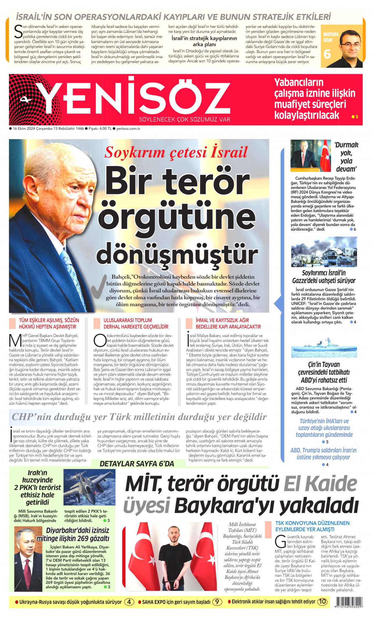 YENİ SÖZ GAZETESİ gazetesinin 16 Ekim 2024 tarihli birinci sayfası
