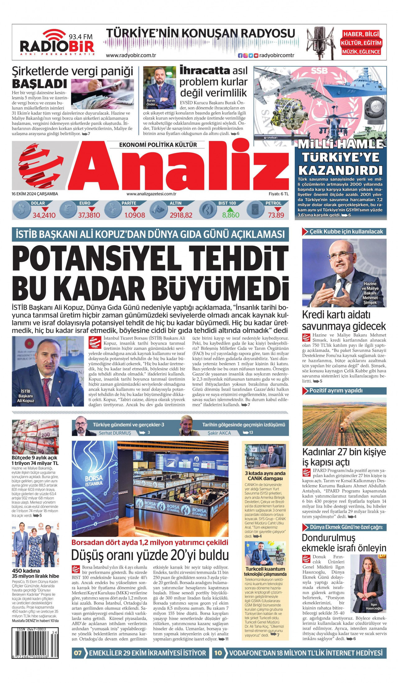 ANALİZ gazetesinin 16 Ekim 2024 tarihli birinci sayfası