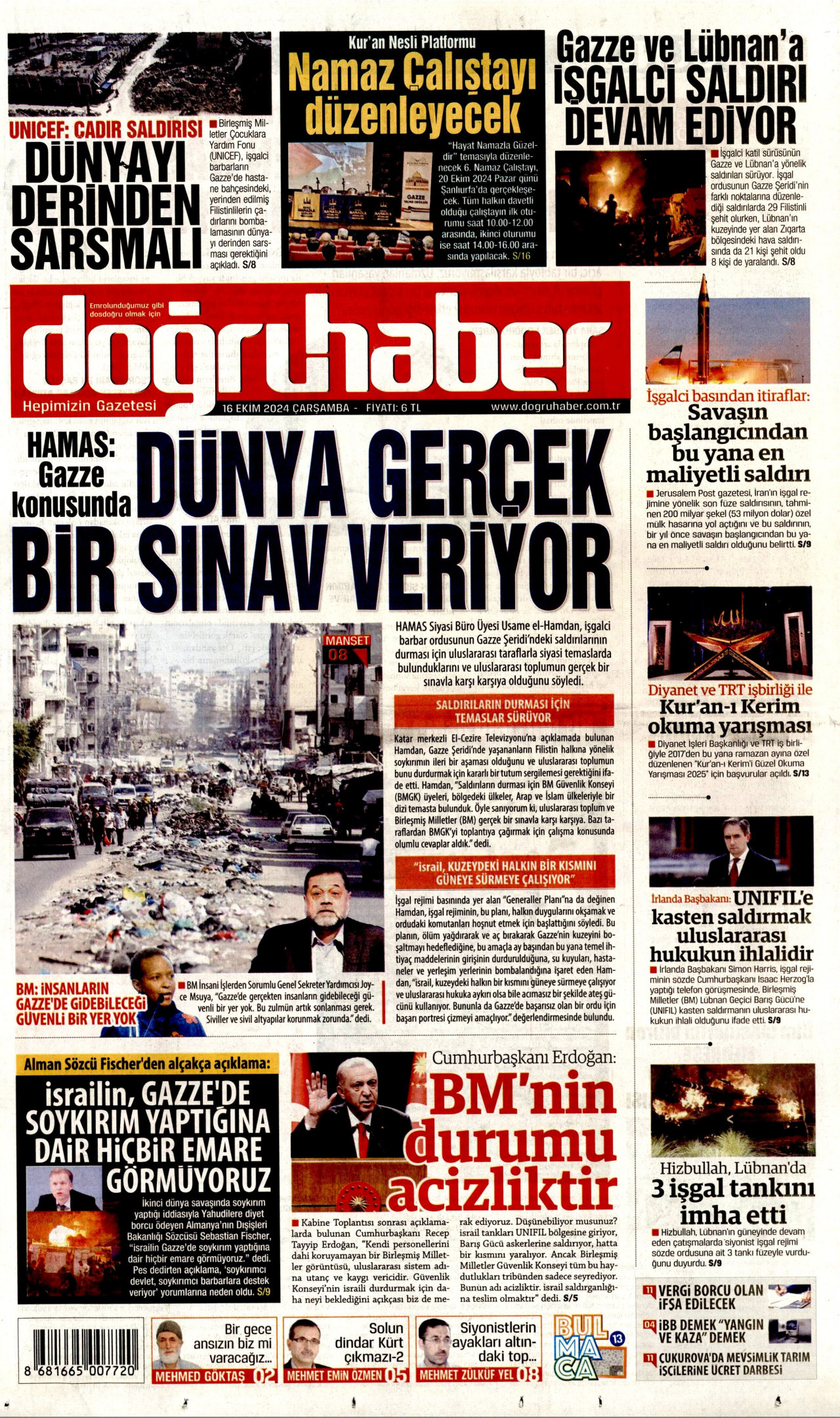 DOĞRU HABER gazetesinin 16 Ekim 2024 tarihli birinci sayfası