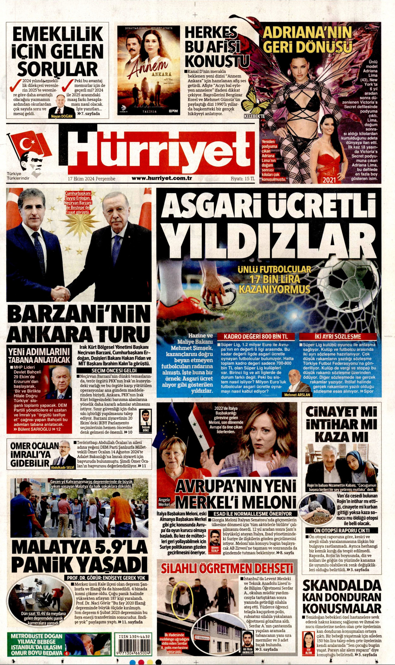 HÜRRİYET gazetesinin 17 Ekim 2024 tarihli birinci sayfası