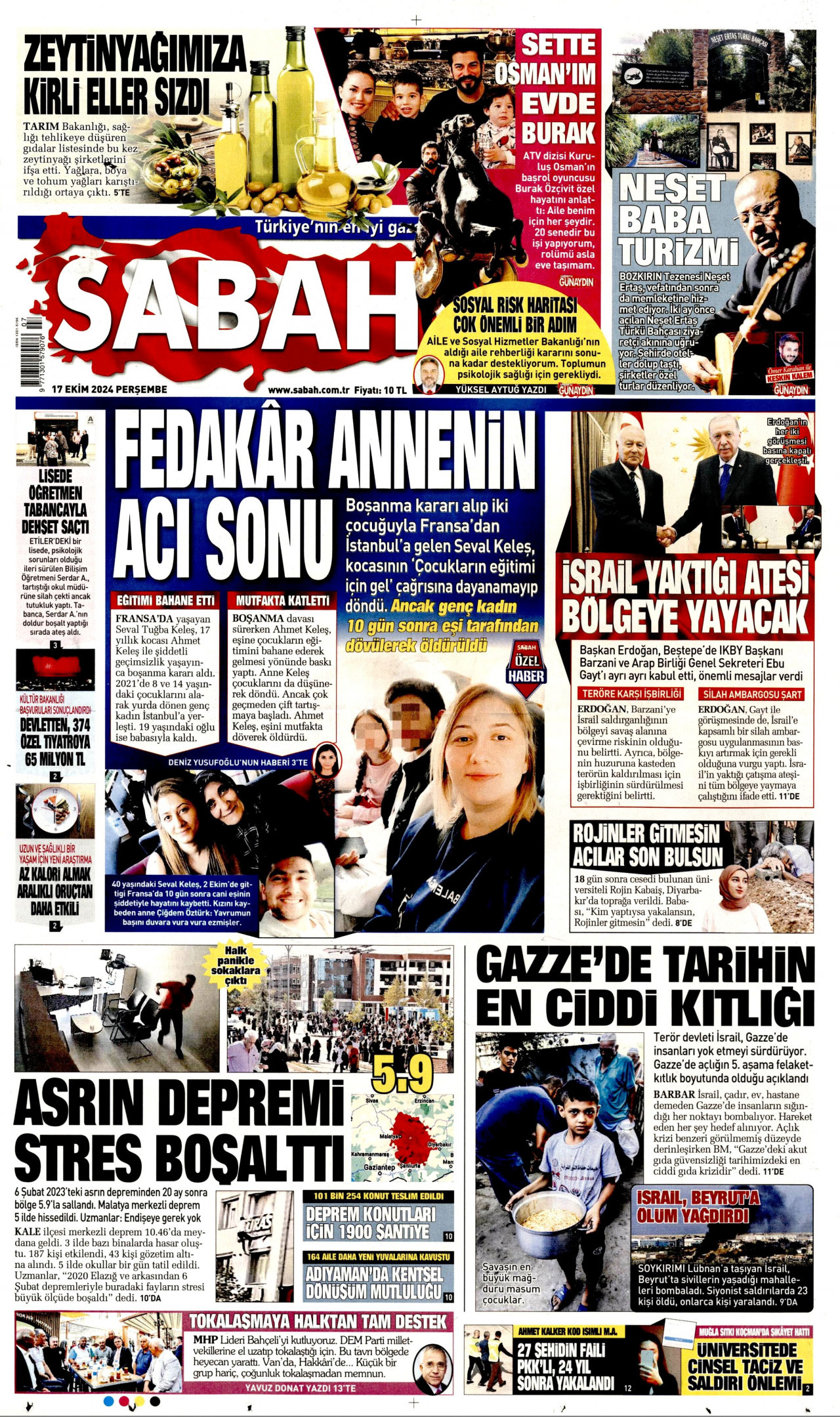 SABAH gazetesinin 17 Ekim 2024 tarihli birinci sayfası