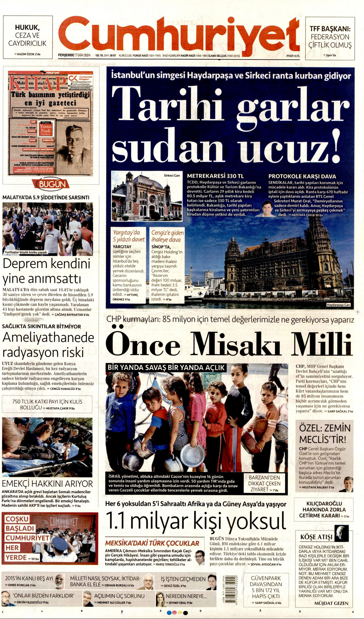 CUMHURİYET gazetesinin 17 Ekim 2024 tarihli birinci sayfası