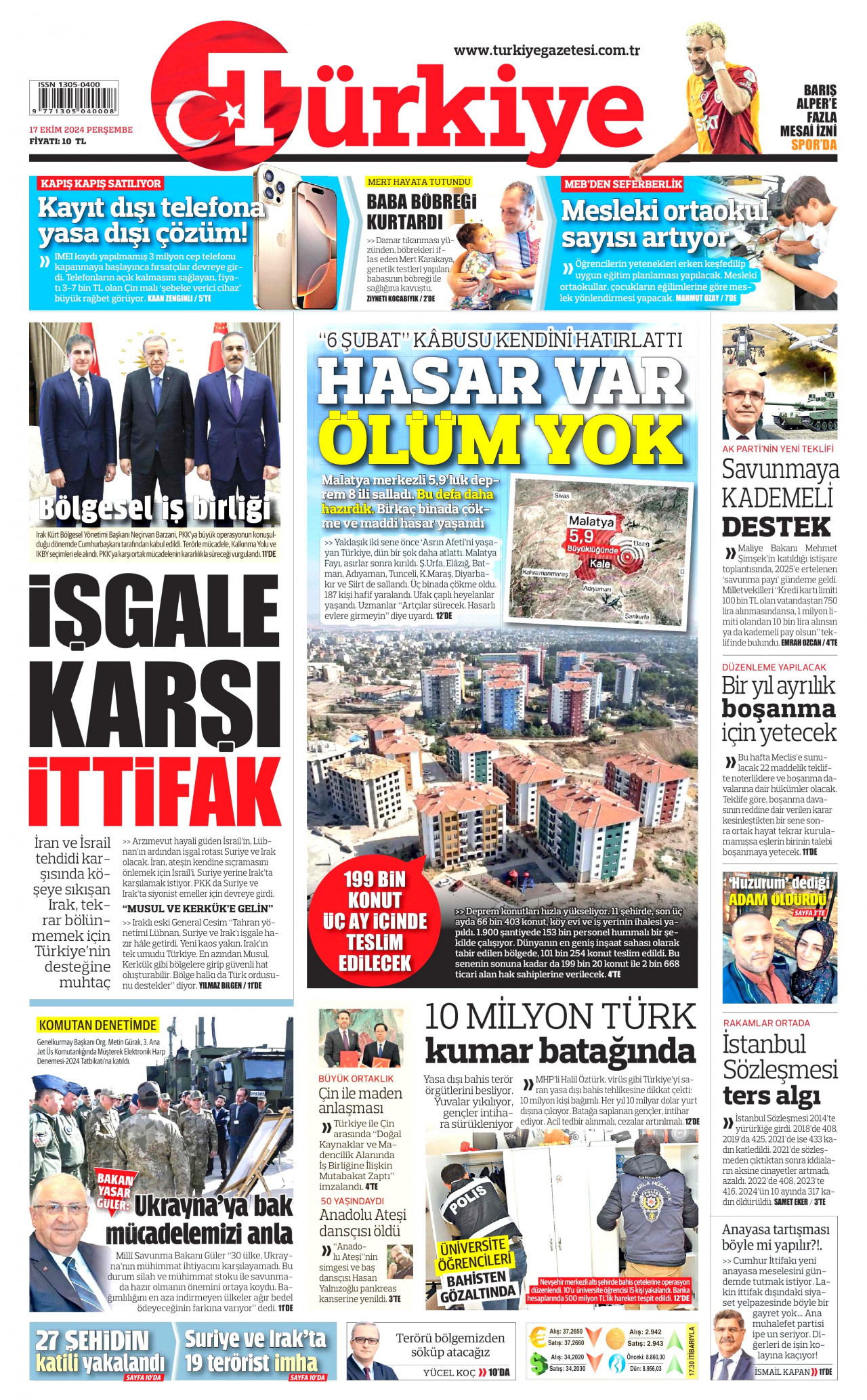 TÜRKİYE GAZETESİ gazetesinin 17 Ekim 2024 tarihli birinci sayfası