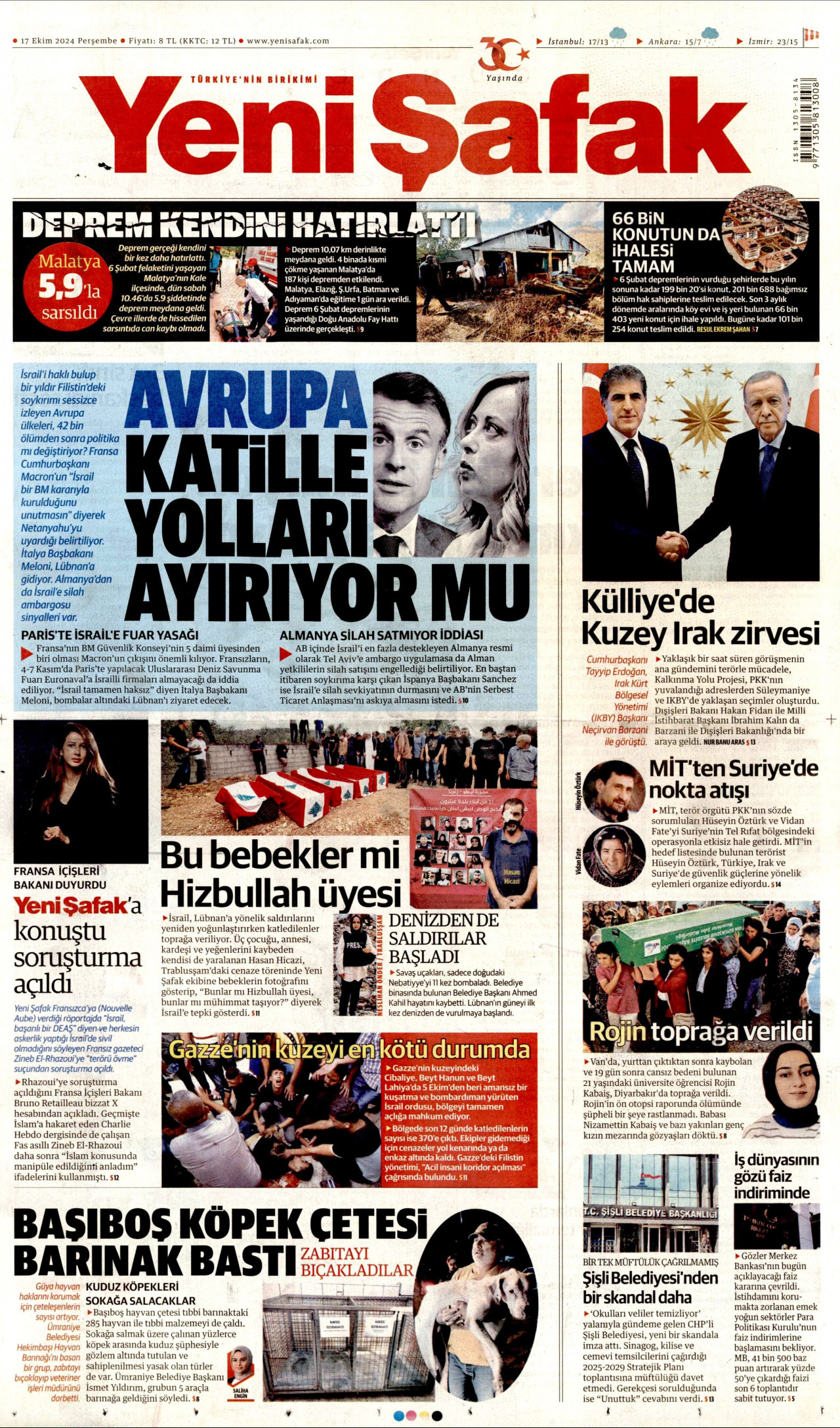 YENİ ŞAFAK gazetesinin 17 Ekim 2024 tarihli birinci sayfası