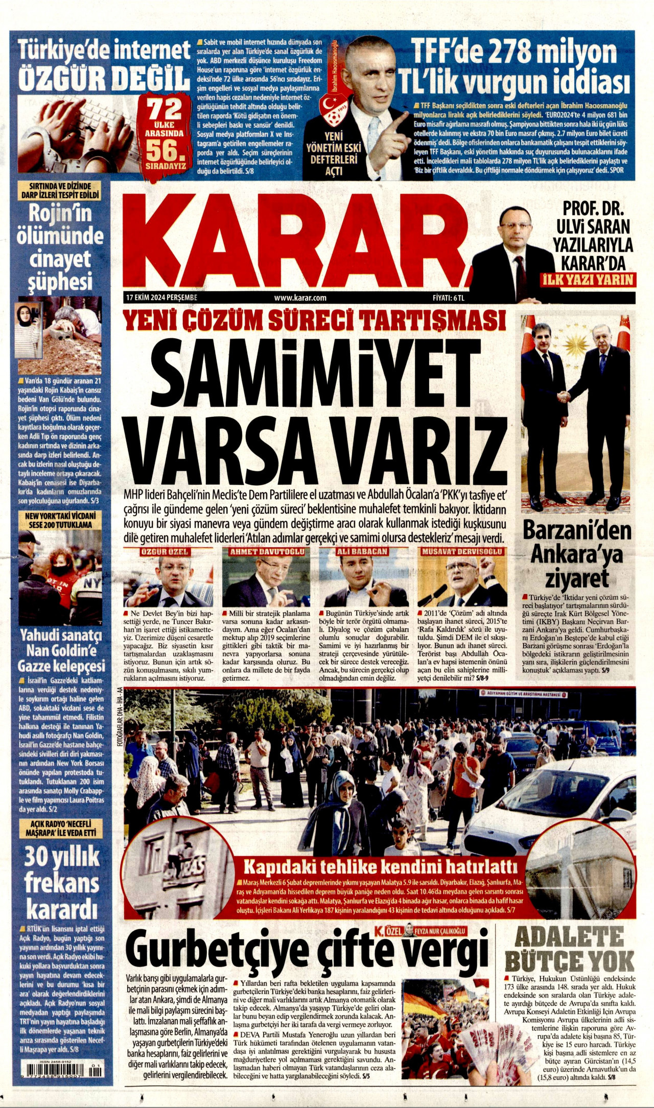 KARAR gazetesinin 17 Ekim 2024 tarihli birinci sayfası