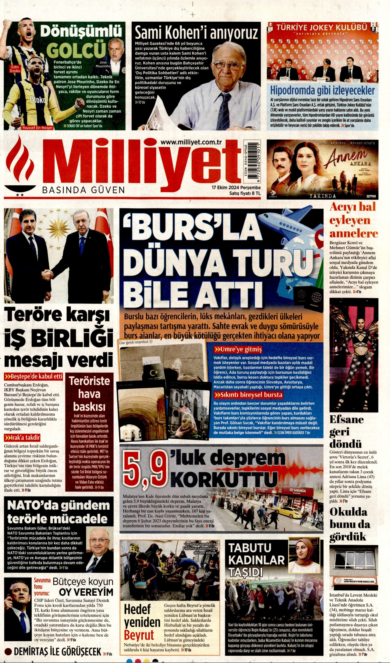 MİLLİYET gazetesinin 17 Ekim 2024 tarihli birinci sayfası