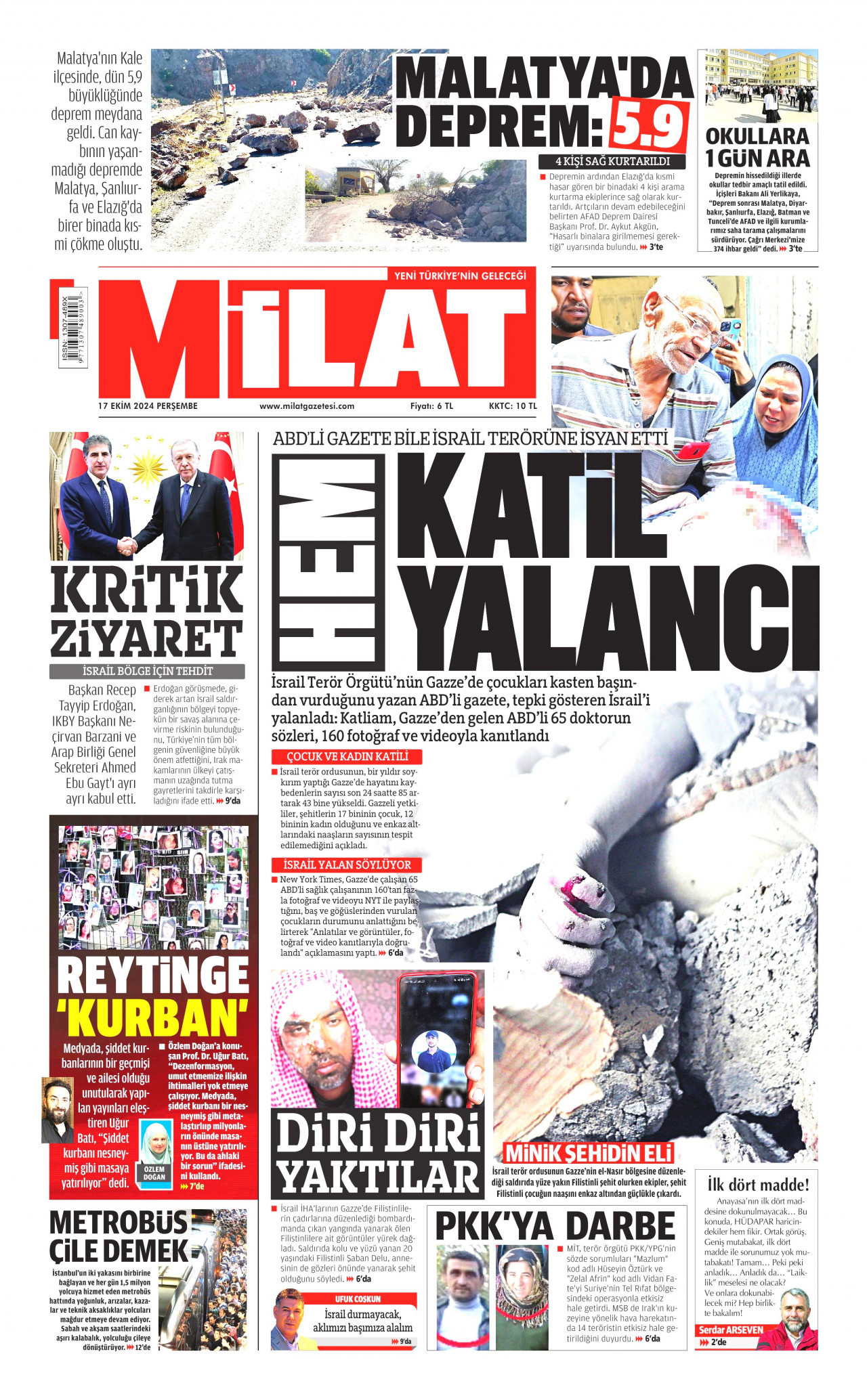 MİLAT gazetesinin 17 Ekim 2024 tarihli birinci sayfası