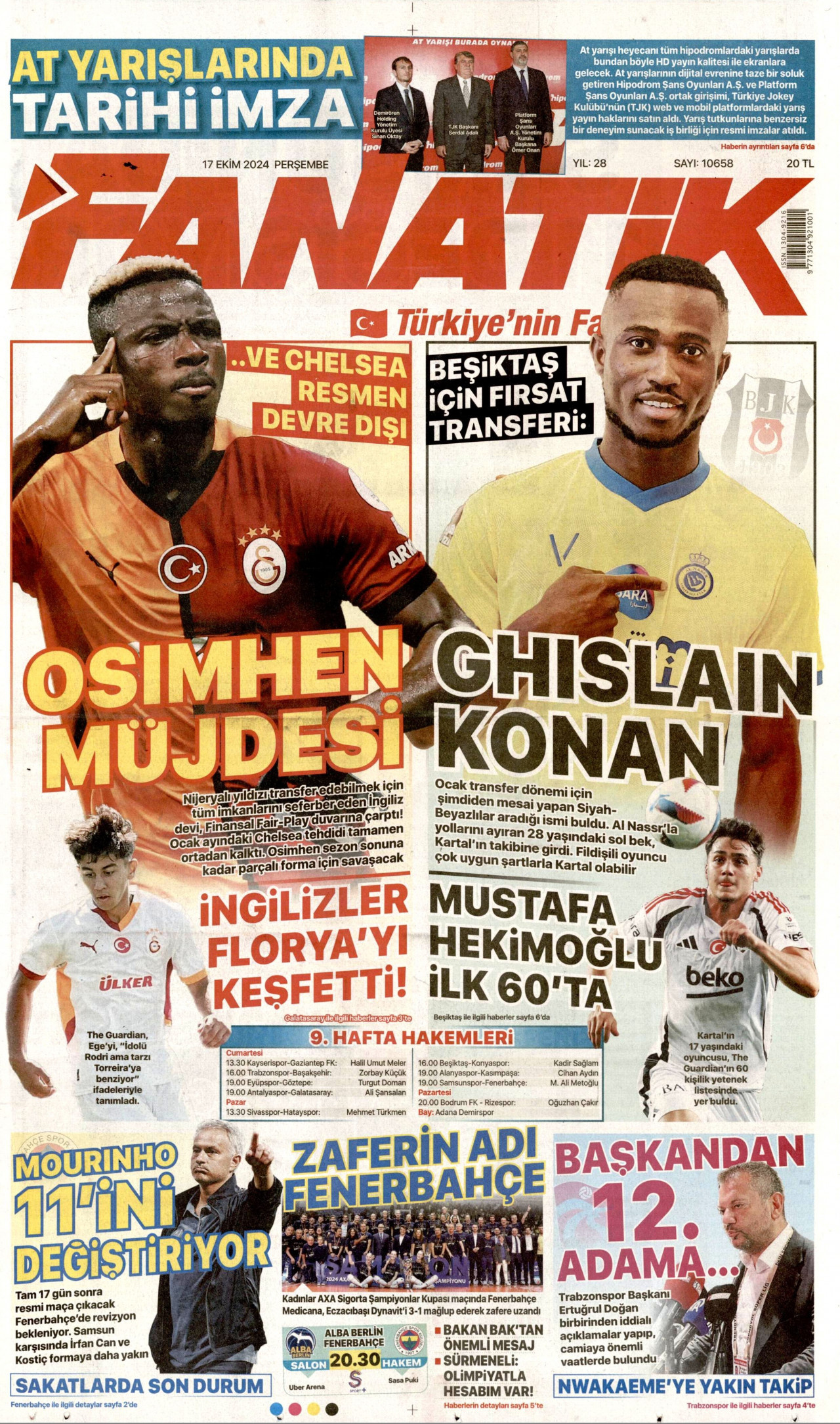 FANATİK gazetesinin 17 Ekim 2024 tarihli birinci sayfası