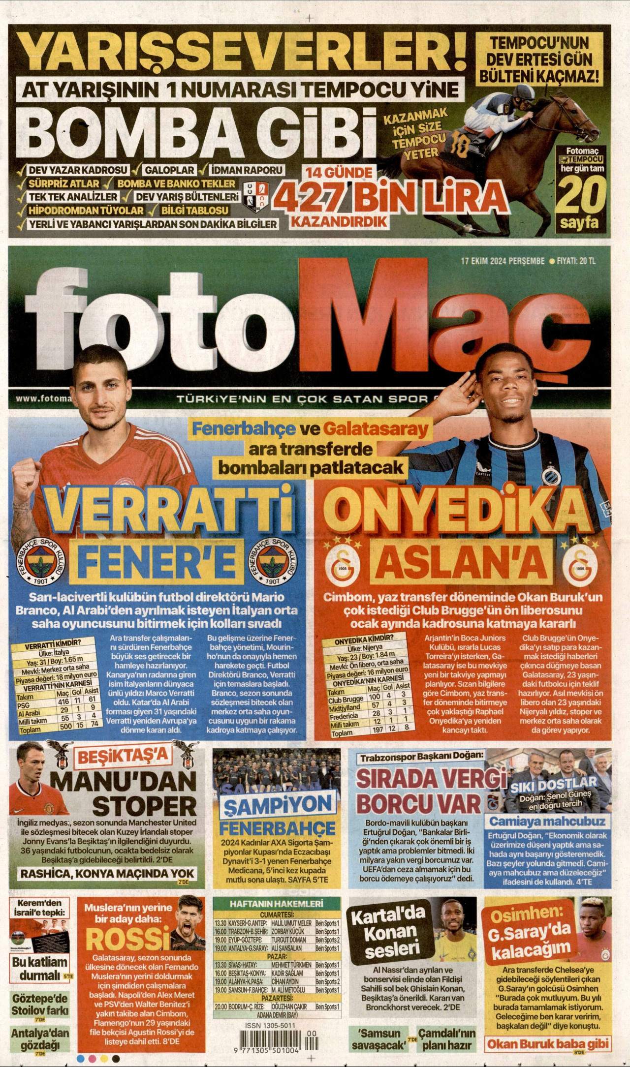 FOTOMAÇ gazetesinin 17 Ekim 2024 tarihli birinci sayfası