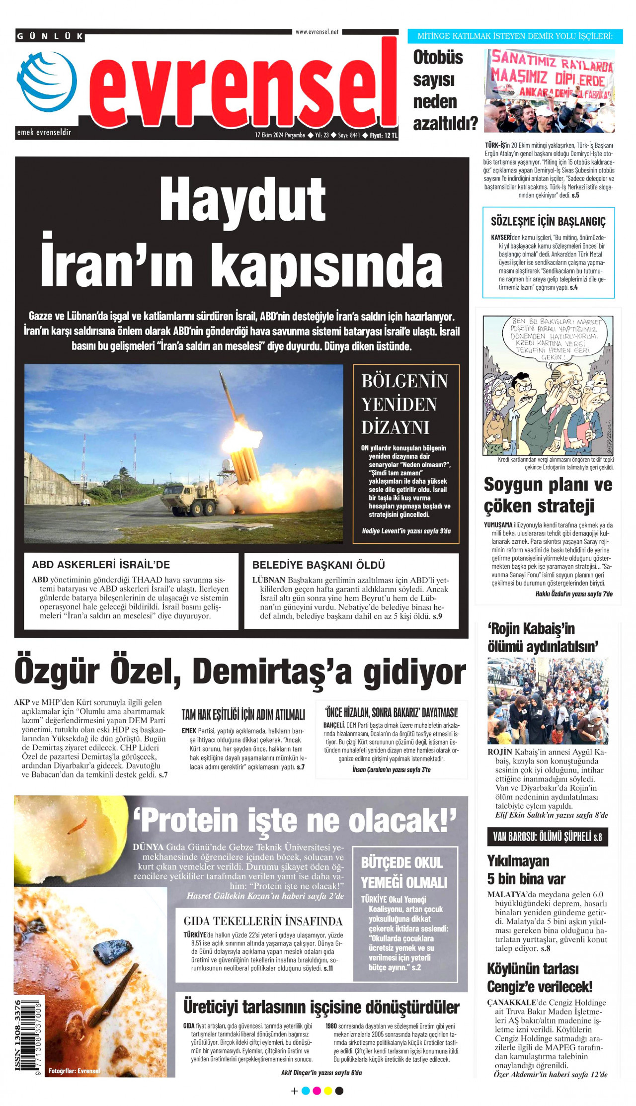 EVRENSEL gazetesinin 17 Ekim 2024 tarihli birinci sayfası