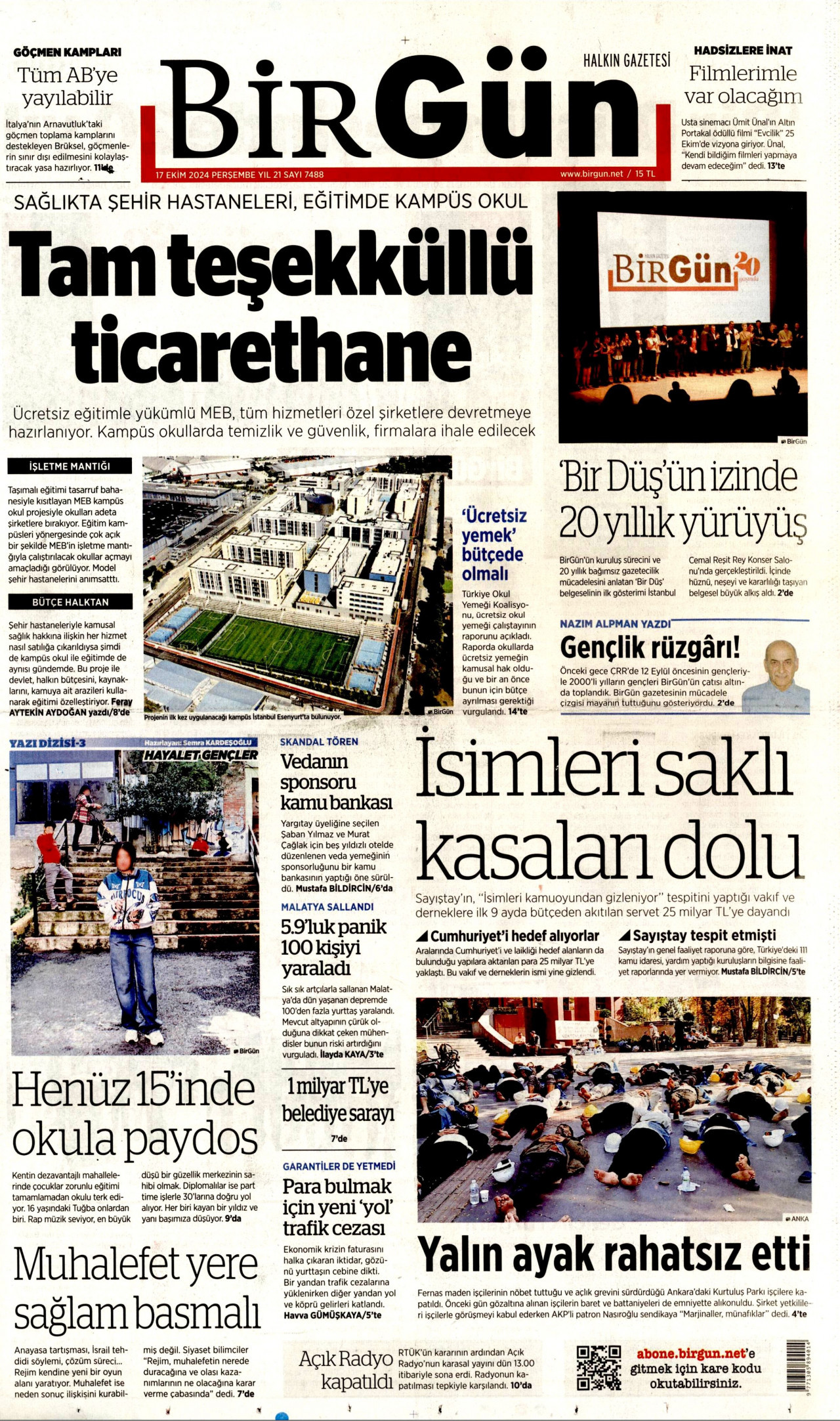 BİRGÜN gazetesinin 17 Ekim 2024 tarihli birinci sayfası