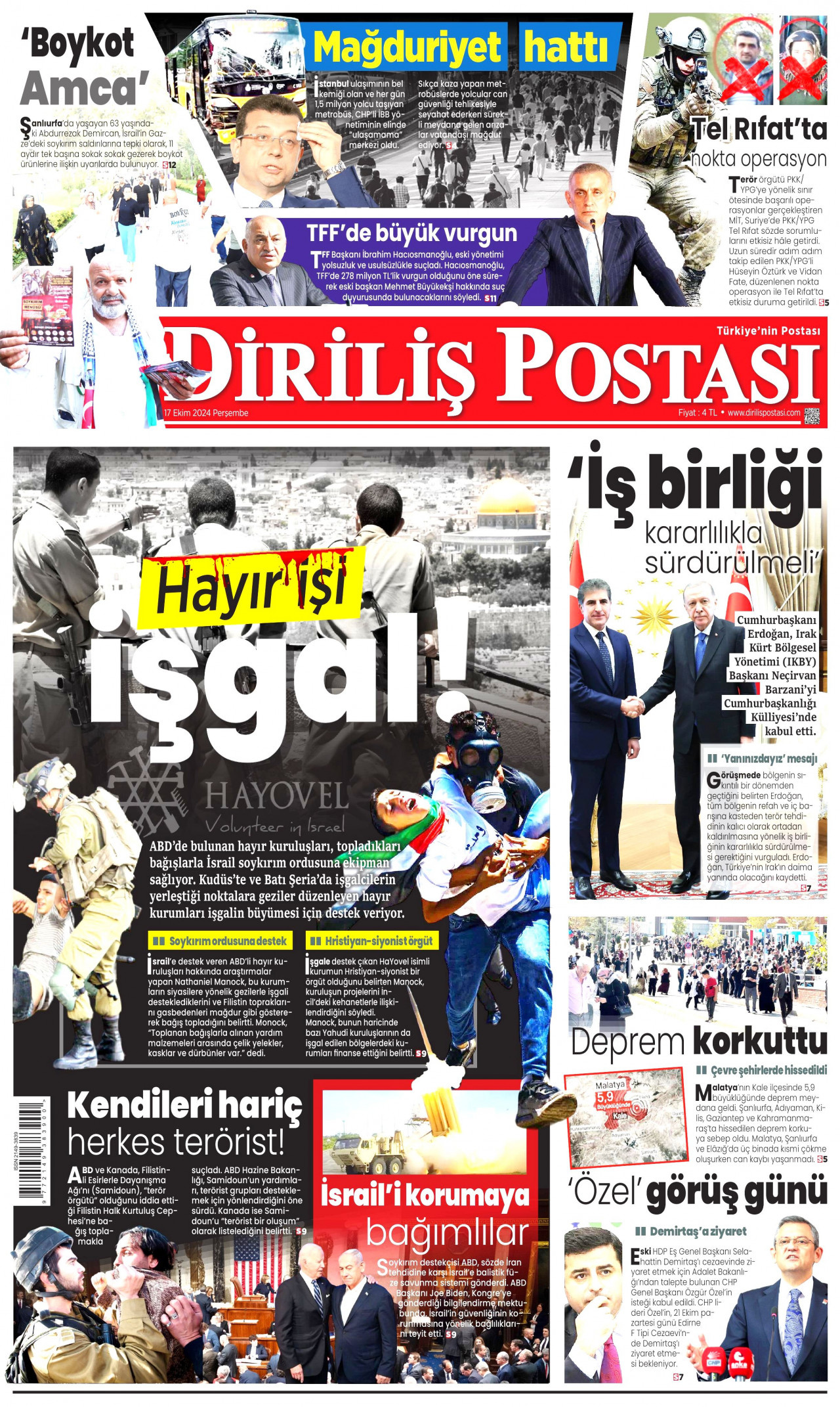 DİRİLİŞ POSTASI gazetesinin 17 Ekim 2024 tarihli birinci sayfası