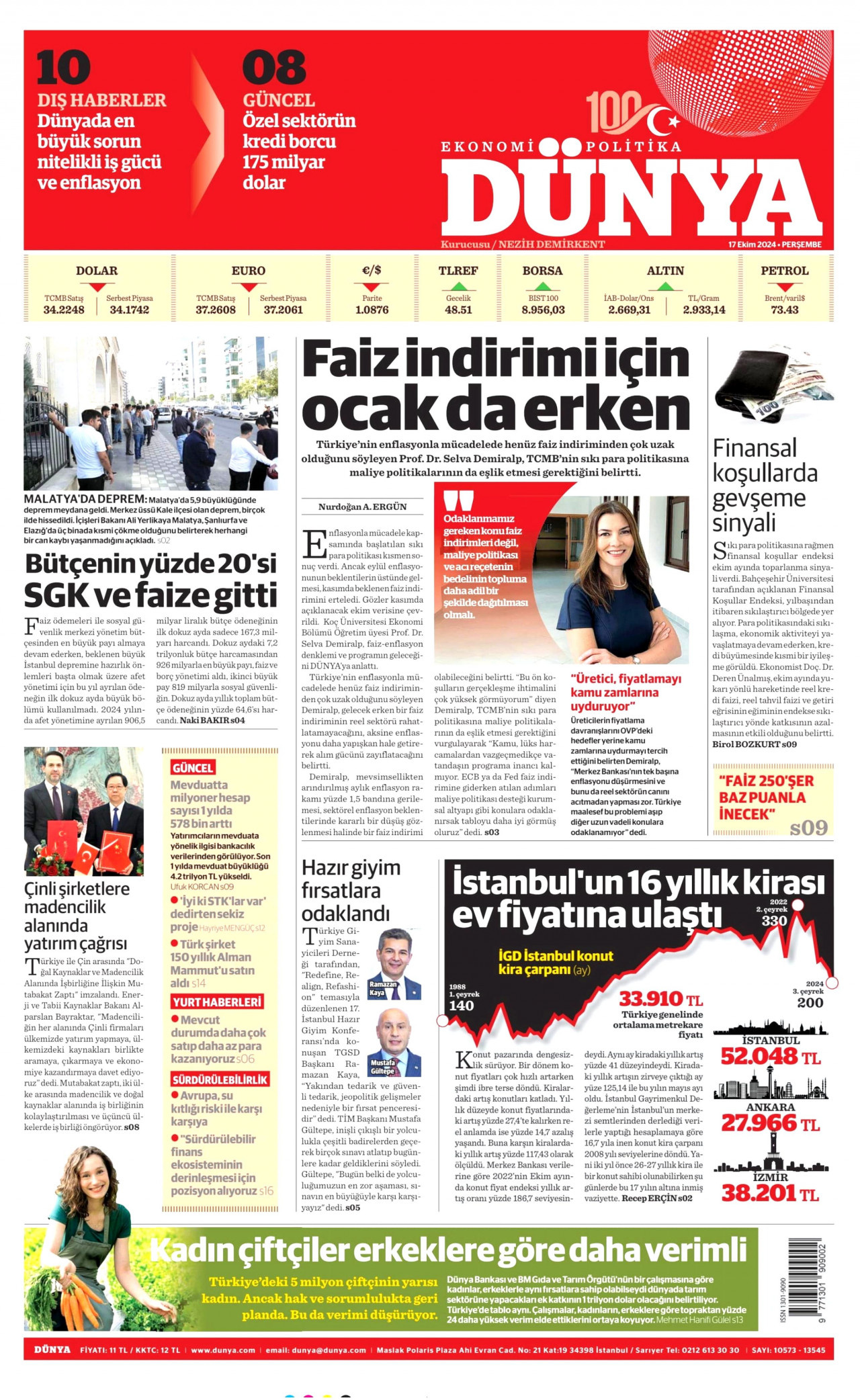 DÜNYA gazetesinin 17 Ekim 2024 tarihli birinci sayfası