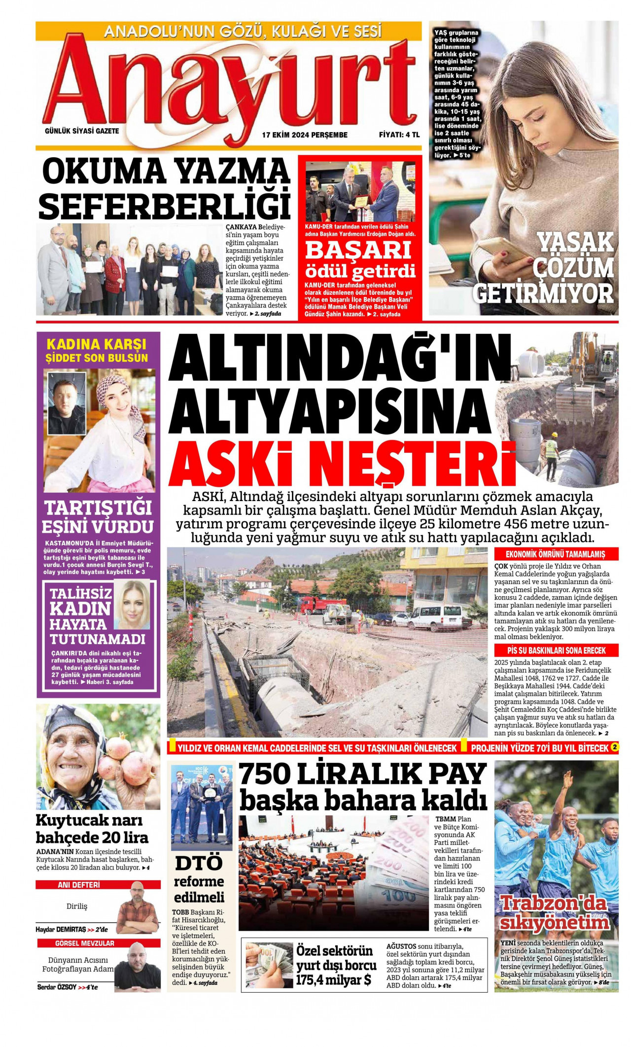 ANAYURT gazetesinin 17 Ekim 2024 tarihli birinci sayfası