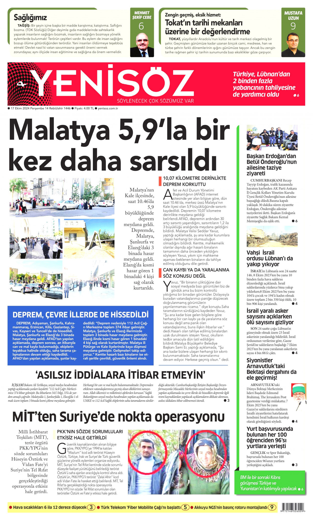 YENİ SÖZ GAZETESİ gazetesinin 17 Ekim 2024 tarihli birinci sayfası