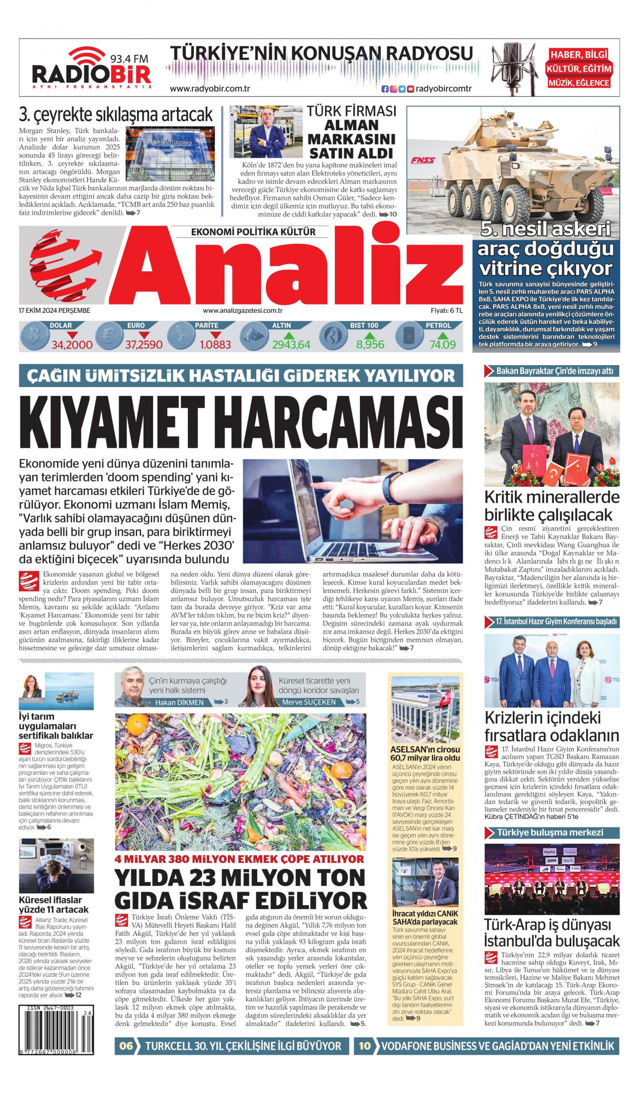 ANALİZ gazetesinin 17 Ekim 2024 tarihli birinci sayfası