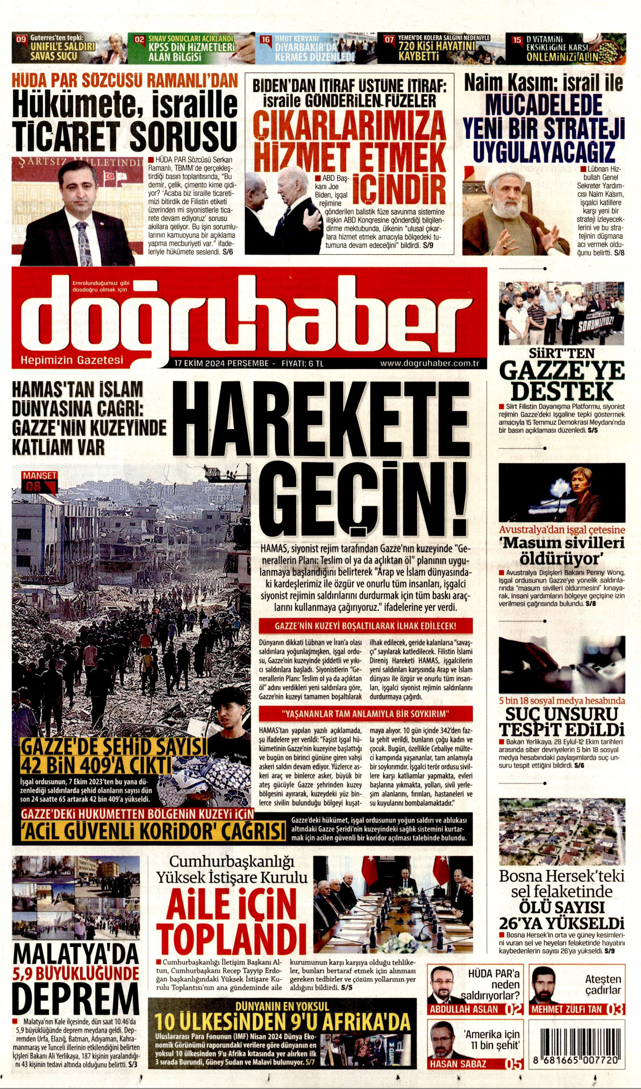 DOĞRU HABER gazetesinin 17 Ekim 2024 tarihli birinci sayfası