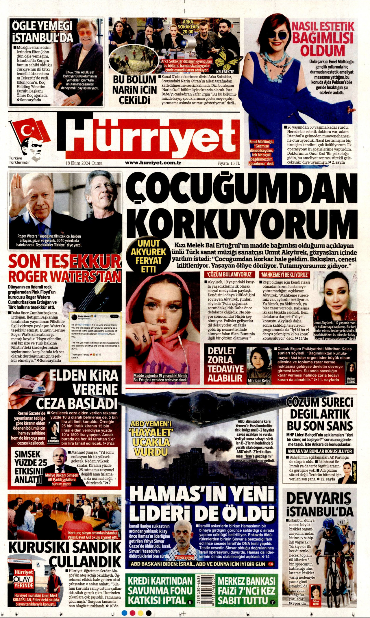 HÜRRİYET gazetesinin 18 Ekim 2024 tarihli birinci sayfası