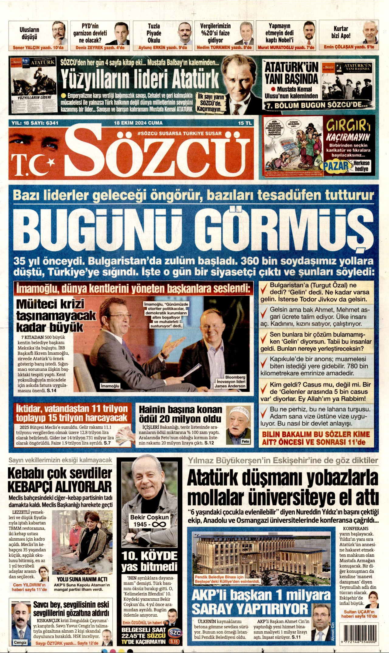 SÖZCÜ gazetesinin 18 Ekim 2024 tarihli birinci sayfası