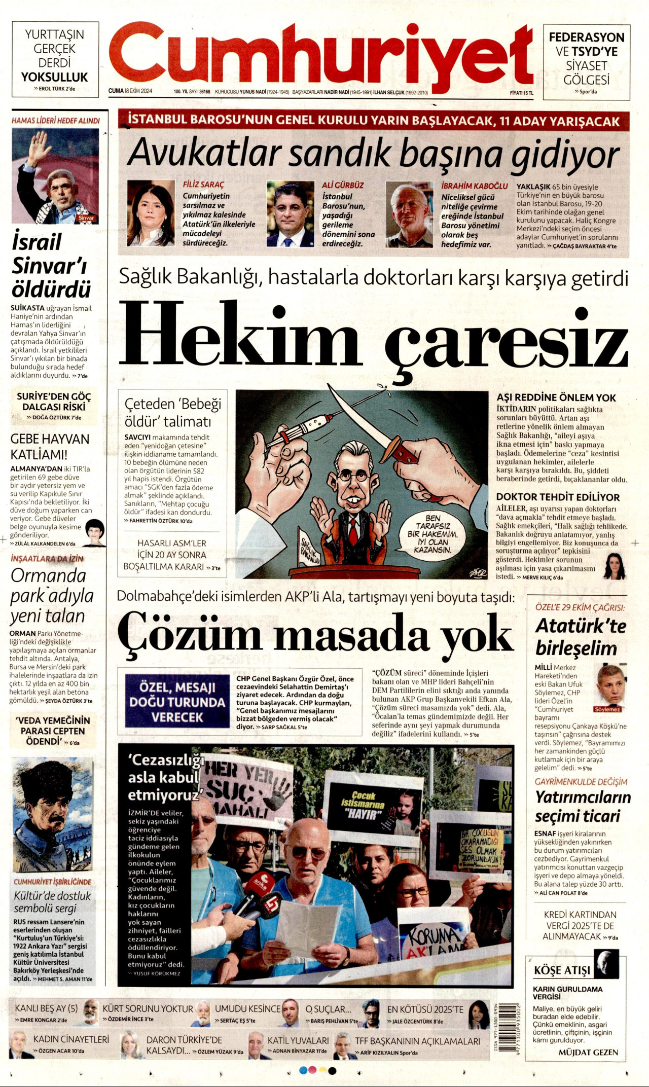 CUMHURİYET gazetesinin 18 Ekim 2024 tarihli birinci sayfası