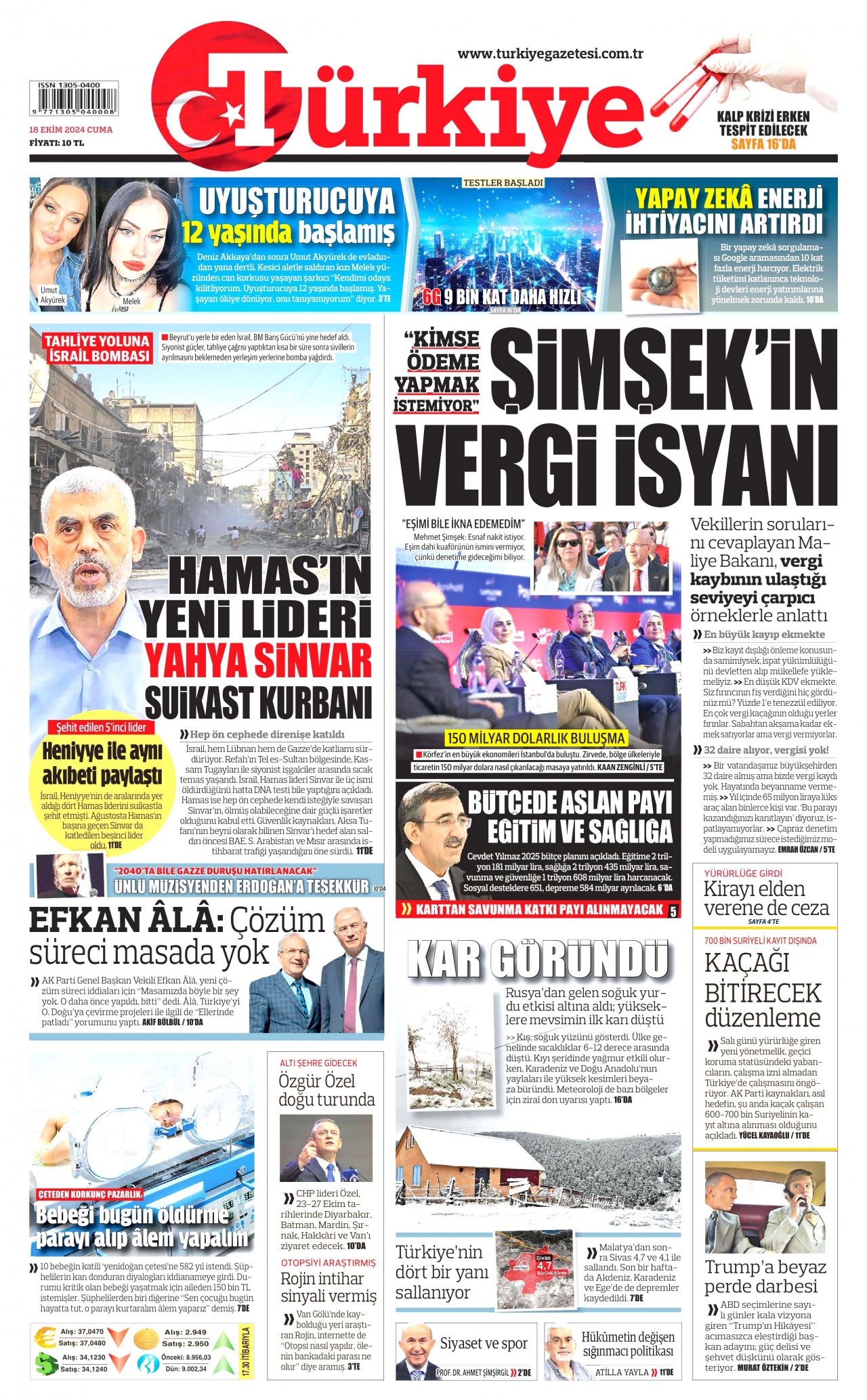TÜRKİYE GAZETESİ gazetesinin 18 Ekim 2024 tarihli birinci sayfası
