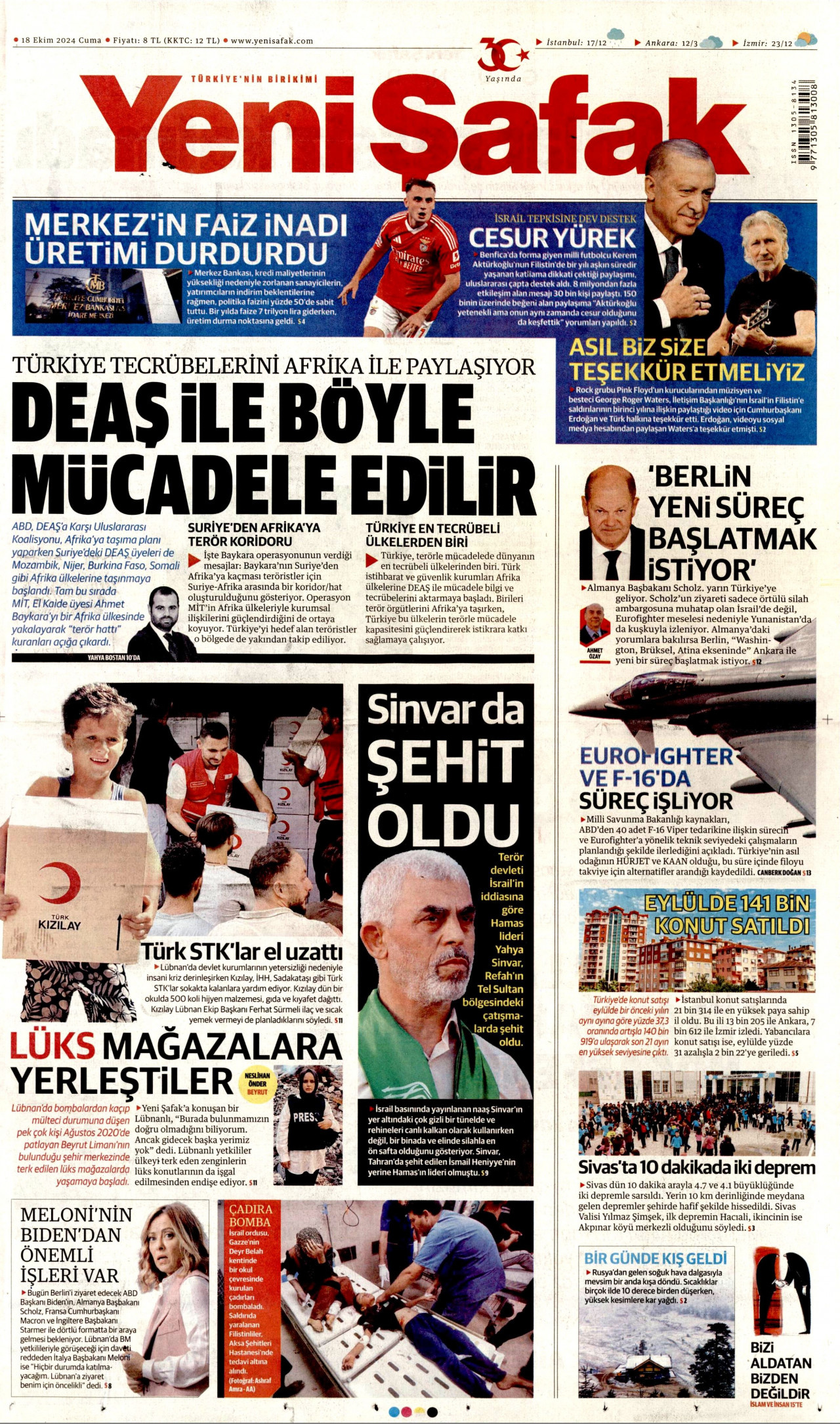 YENİ ŞAFAK gazetesinin 18 Ekim 2024 tarihli birinci sayfası