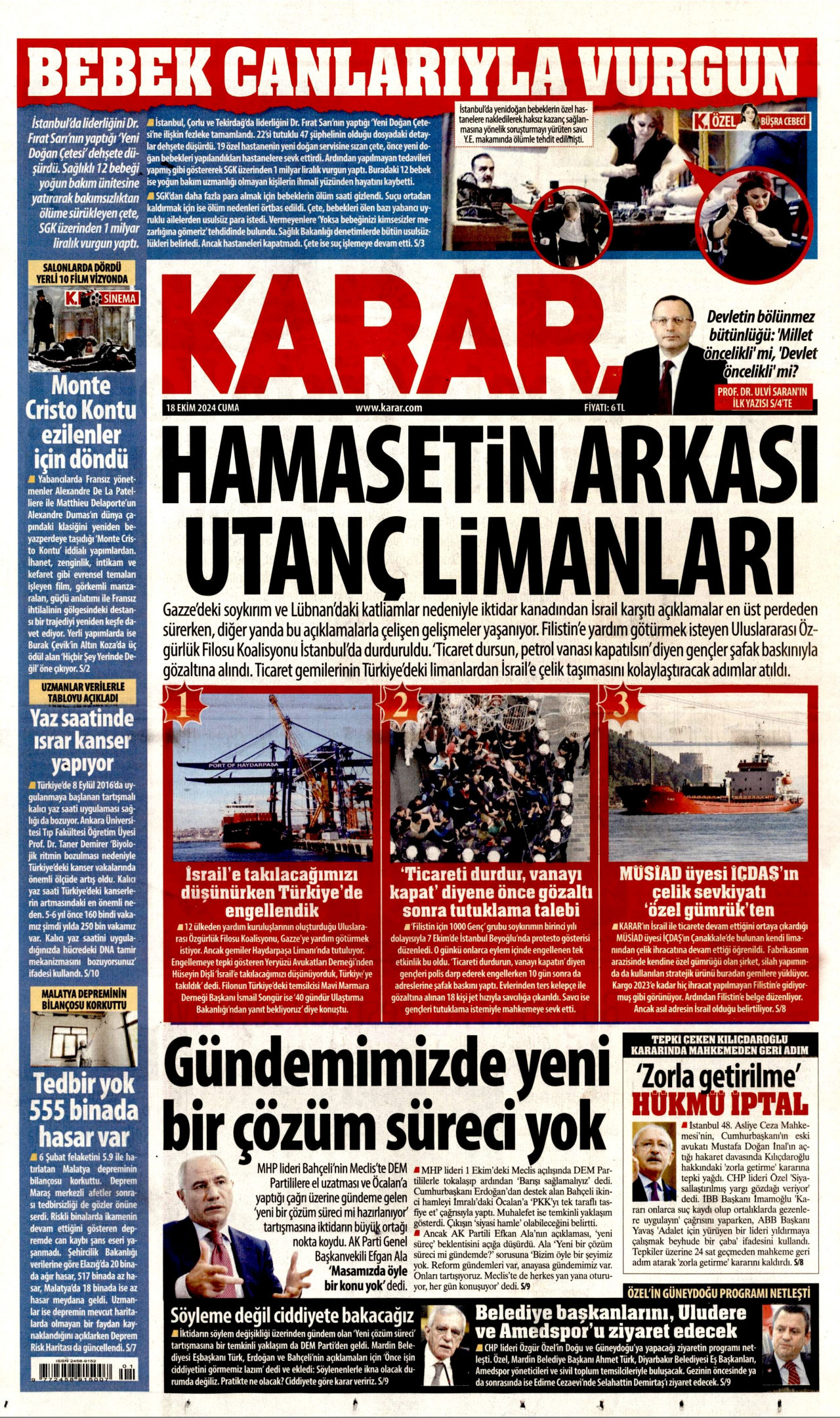 KARAR gazetesinin 18 Ekim 2024 tarihli birinci sayfası