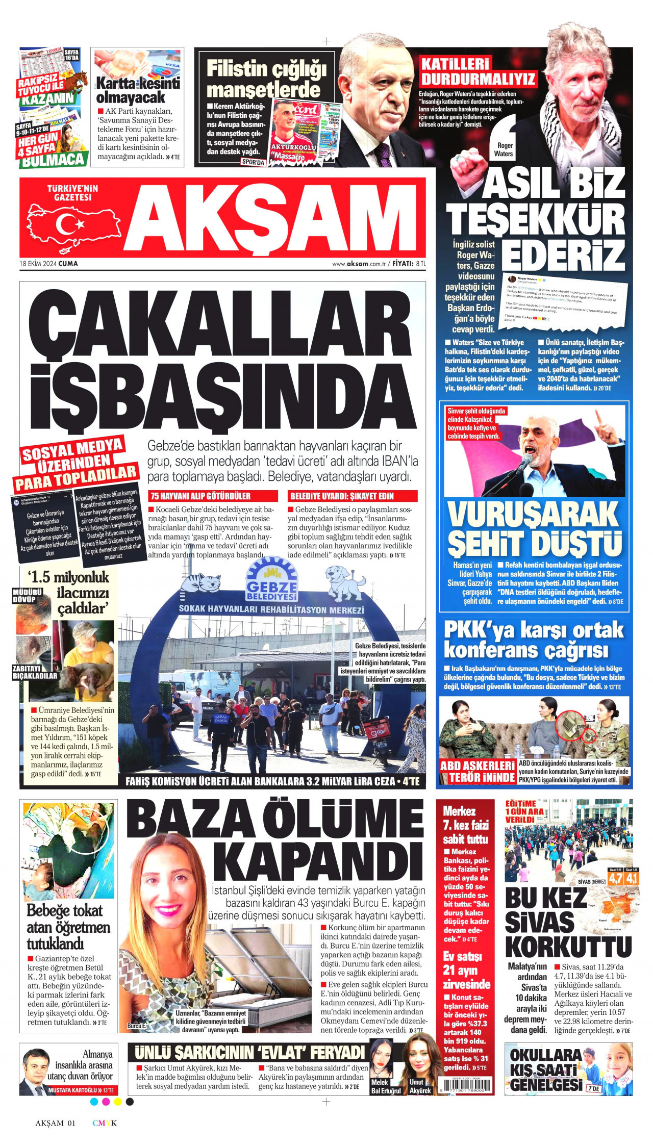 AKŞAM gazetesinin 18 Ekim 2024 tarihli birinci sayfası
