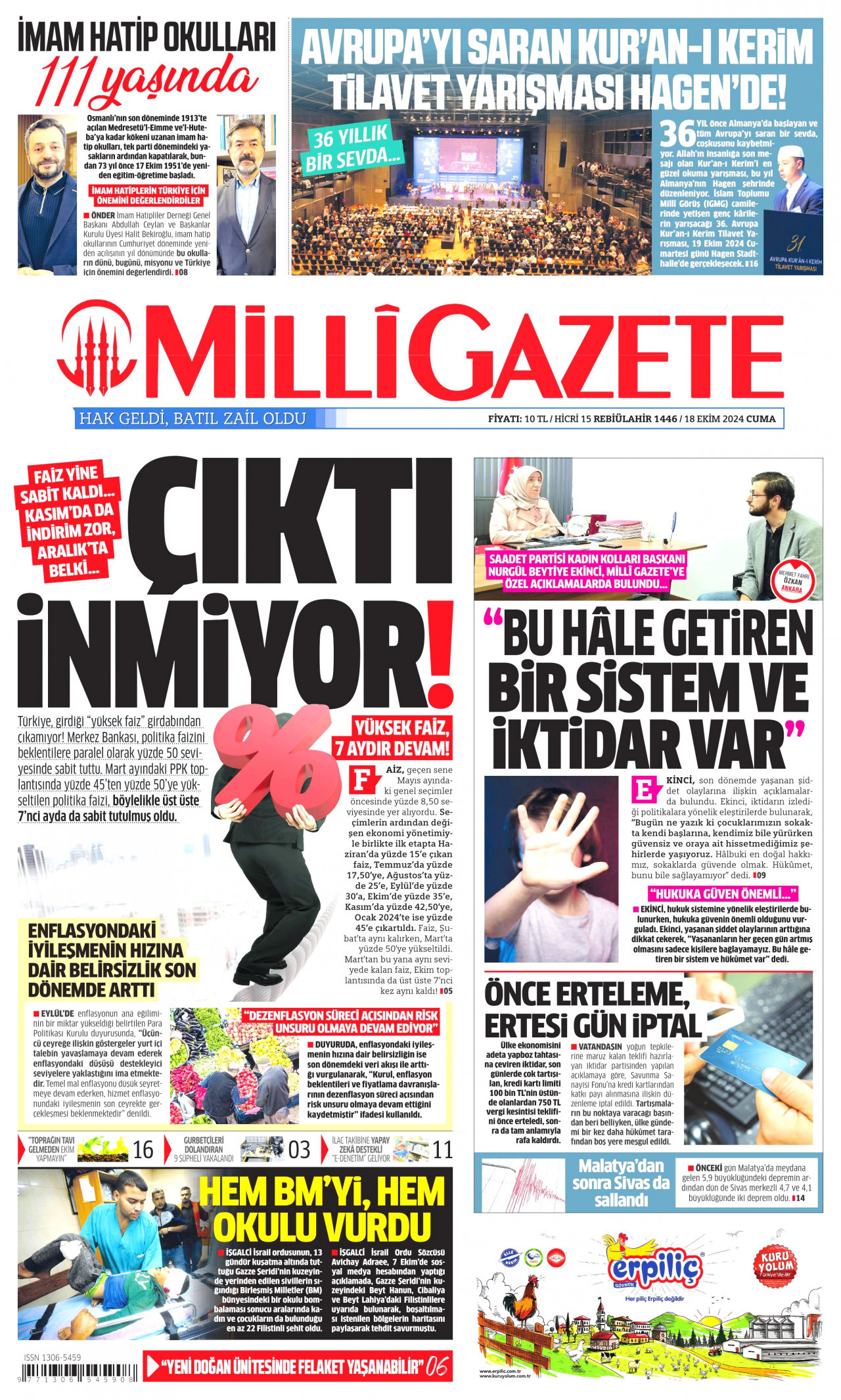 MİLLİ GAZETE gazetesinin 18 Ekim 2024 tarihli birinci sayfası