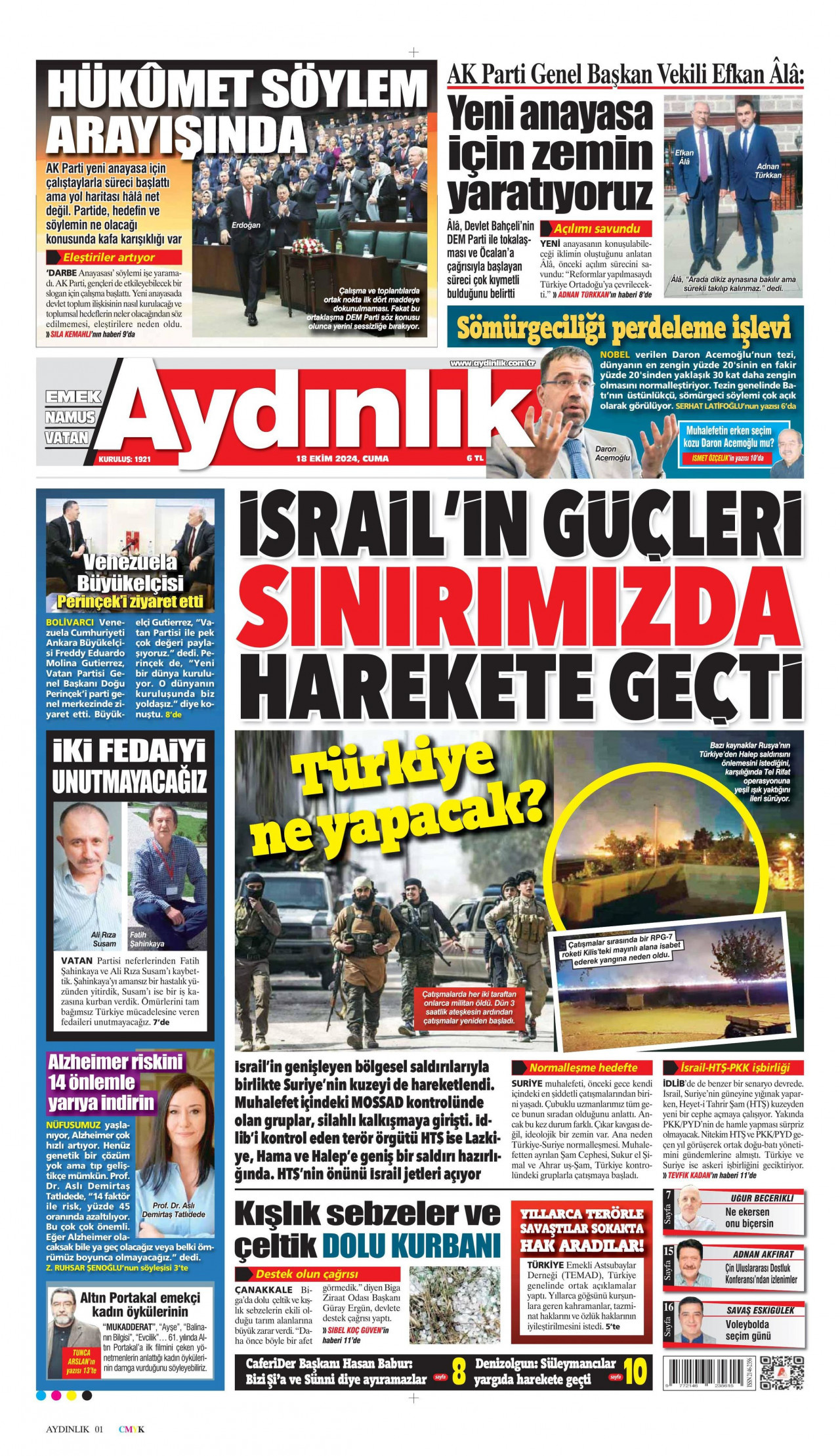 AYDINLIK GAZETESİ gazetesinin 18 Ekim 2024 tarihli birinci sayfası
