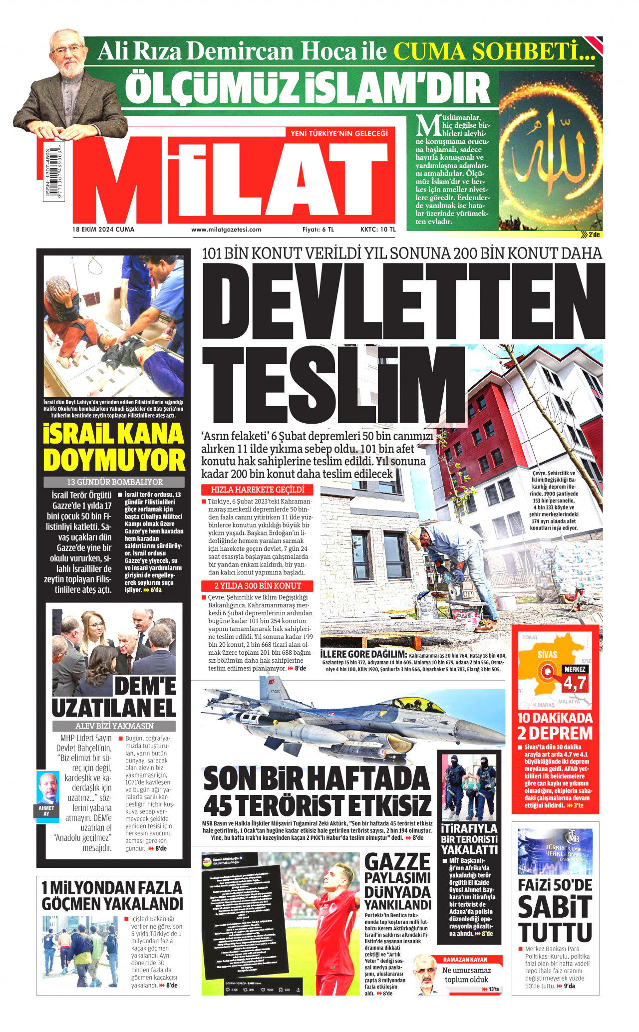 MİLAT gazetesinin 18 Ekim 2024 tarihli birinci sayfası