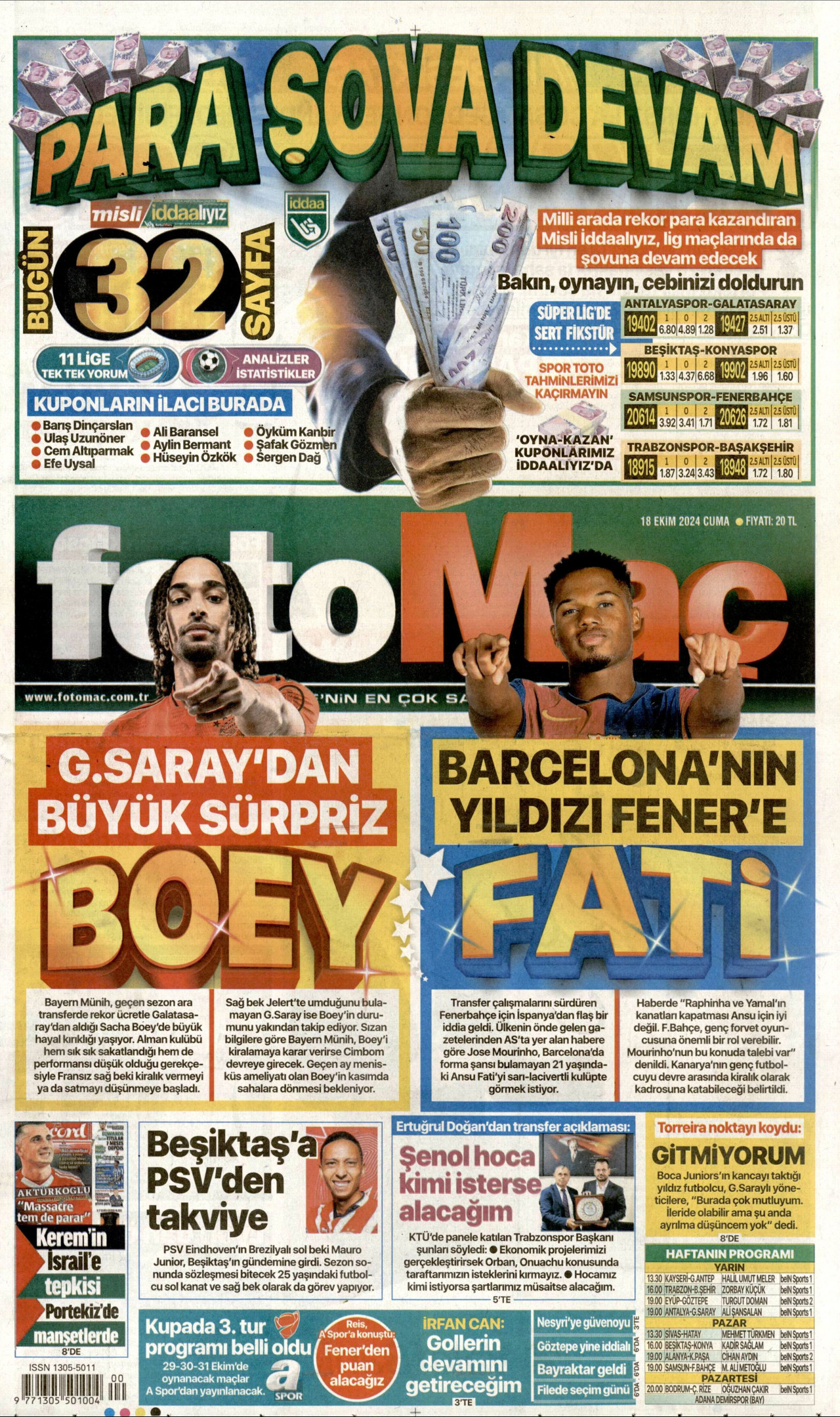 FOTOMAÇ gazetesinin 18 Ekim 2024 tarihli birinci sayfası