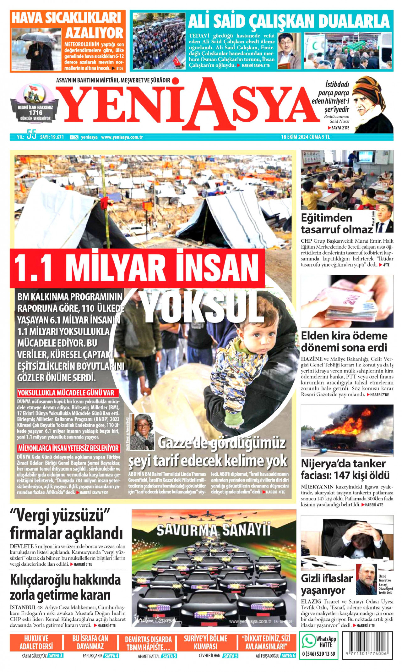 YENİ ASYA gazetesinin 18 Ekim 2024 tarihli birinci sayfası