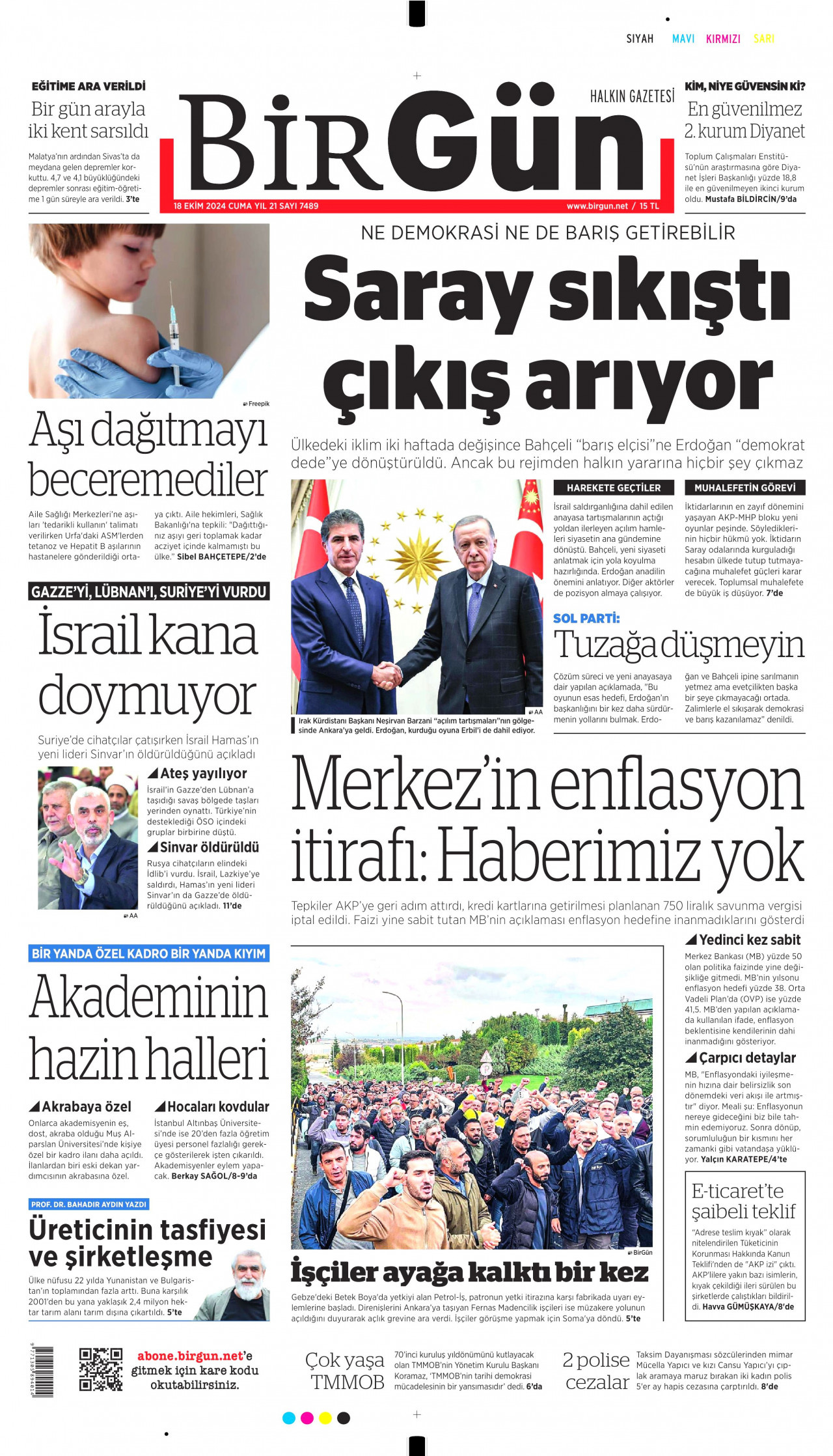 BİRGÜN gazetesinin 18 Ekim 2024 tarihli birinci sayfası