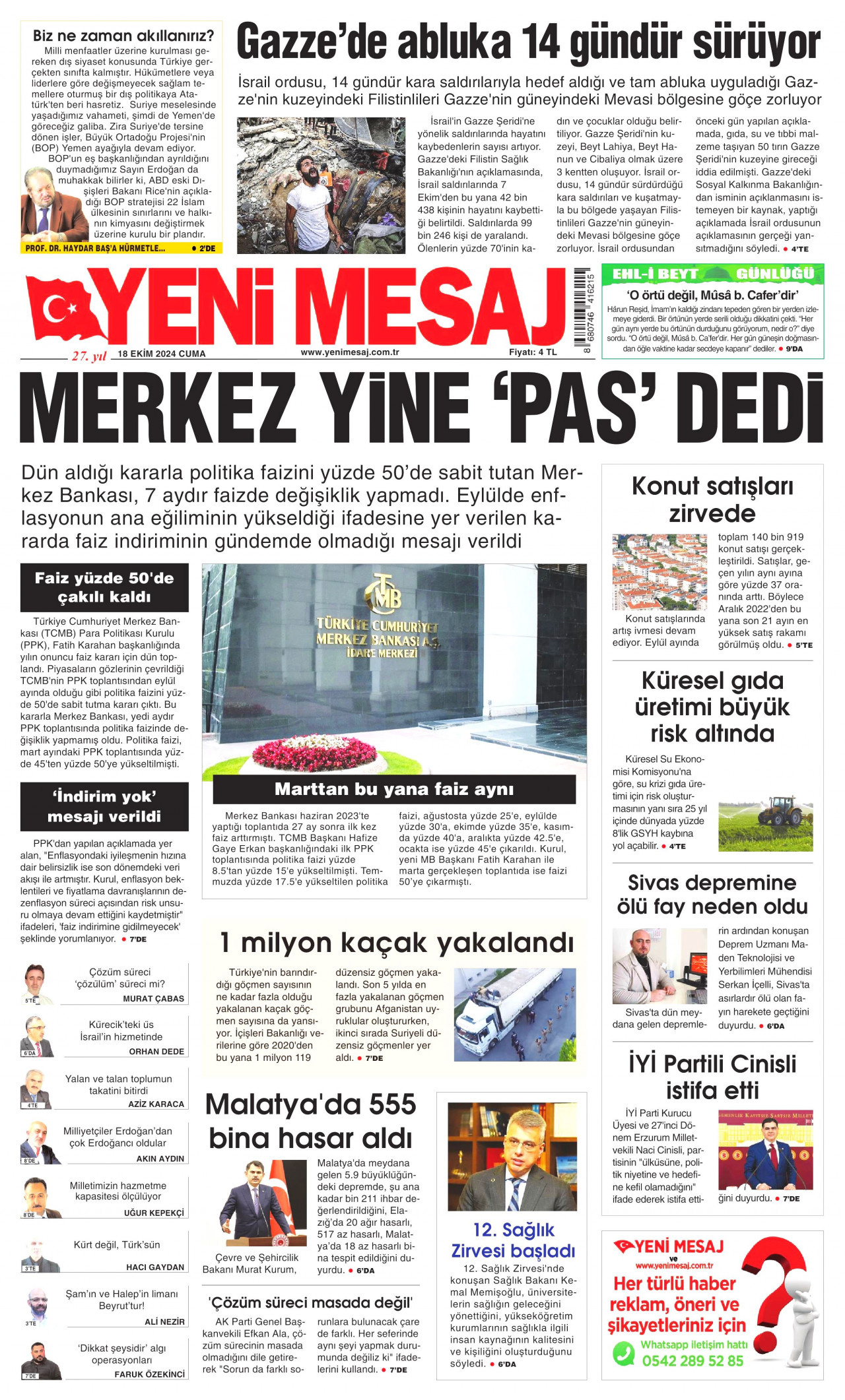 YENİ MESAJ gazetesinin 18 Ekim 2024 tarihli birinci sayfası